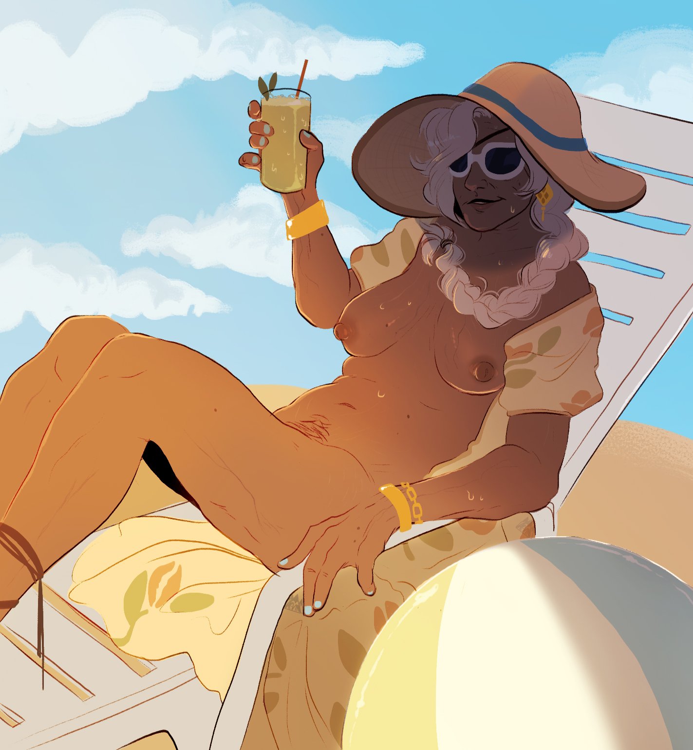 2d, alternate costume, ana amari, beach, blizzard entertainment, dark skin, dark-skinned female, female, gilf, hat, mature, mature female, milf, old ana amari, older female, overwatch, sunglasses, wankasweenies, white hair, wrinkles