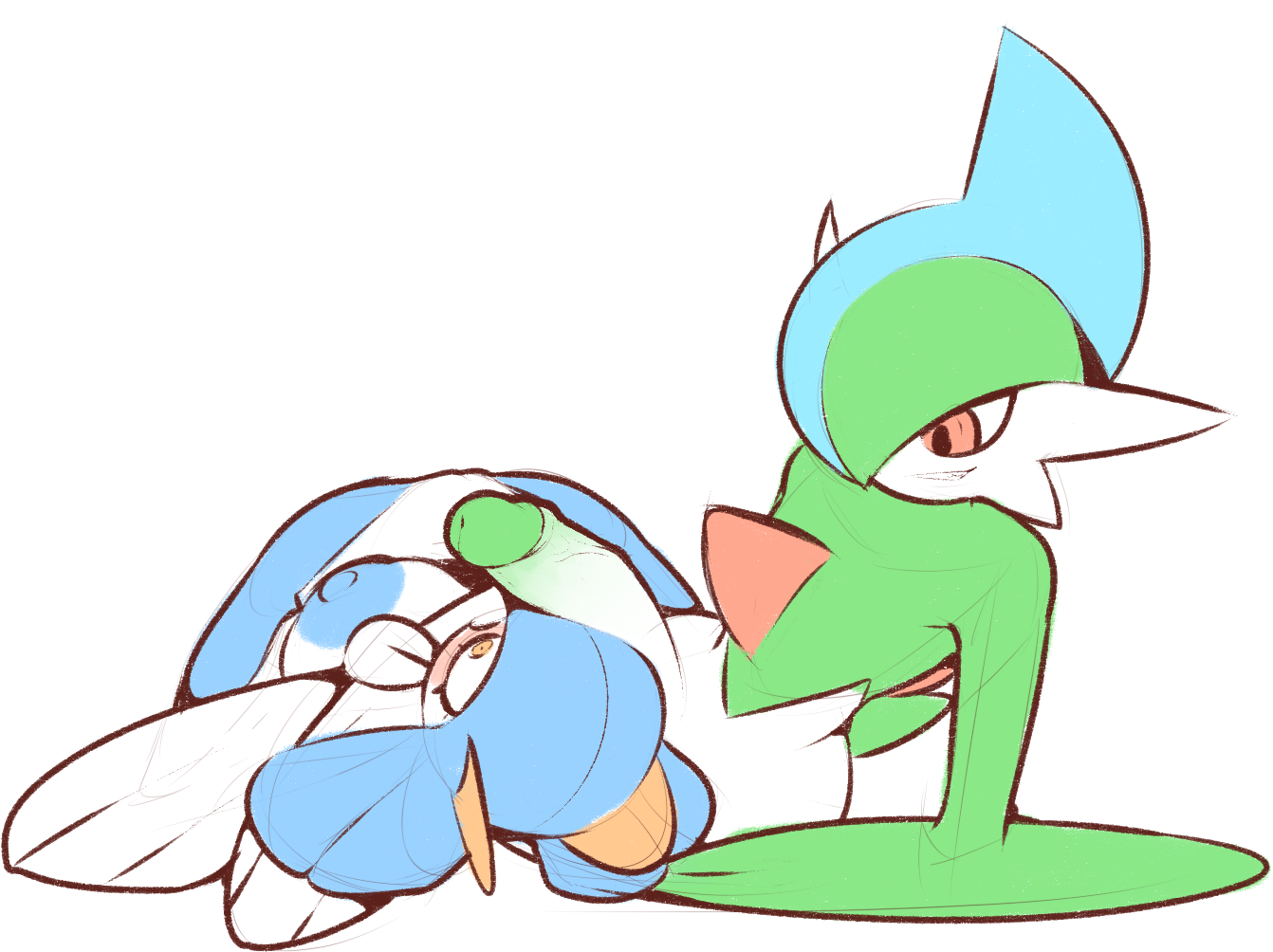 1boy, 1girls, 2 fingers, 3 toes, age difference, alternate color, anthro, anthrofied, armpits, blue hair, blue skin, blush, breasts, crossed legs, female, flat colors, gallade, green hair, green skin, grin, hair over one eye, huge penis, interspecies, kirlia, large breasts, looking at another, looking at penis, male, male on top, nintendo, on back, open mouth, orange eyes, penis, penis awe, penis on face, plantpenetrator, pokémon (species), pokemon, pokemon (species), pokemon dppt, pokemon rse, red eyes, shiny pokemon, short hair, sitting, smile, source request, straight, teeth, veins, veiny penis, white background, white penis, white skin