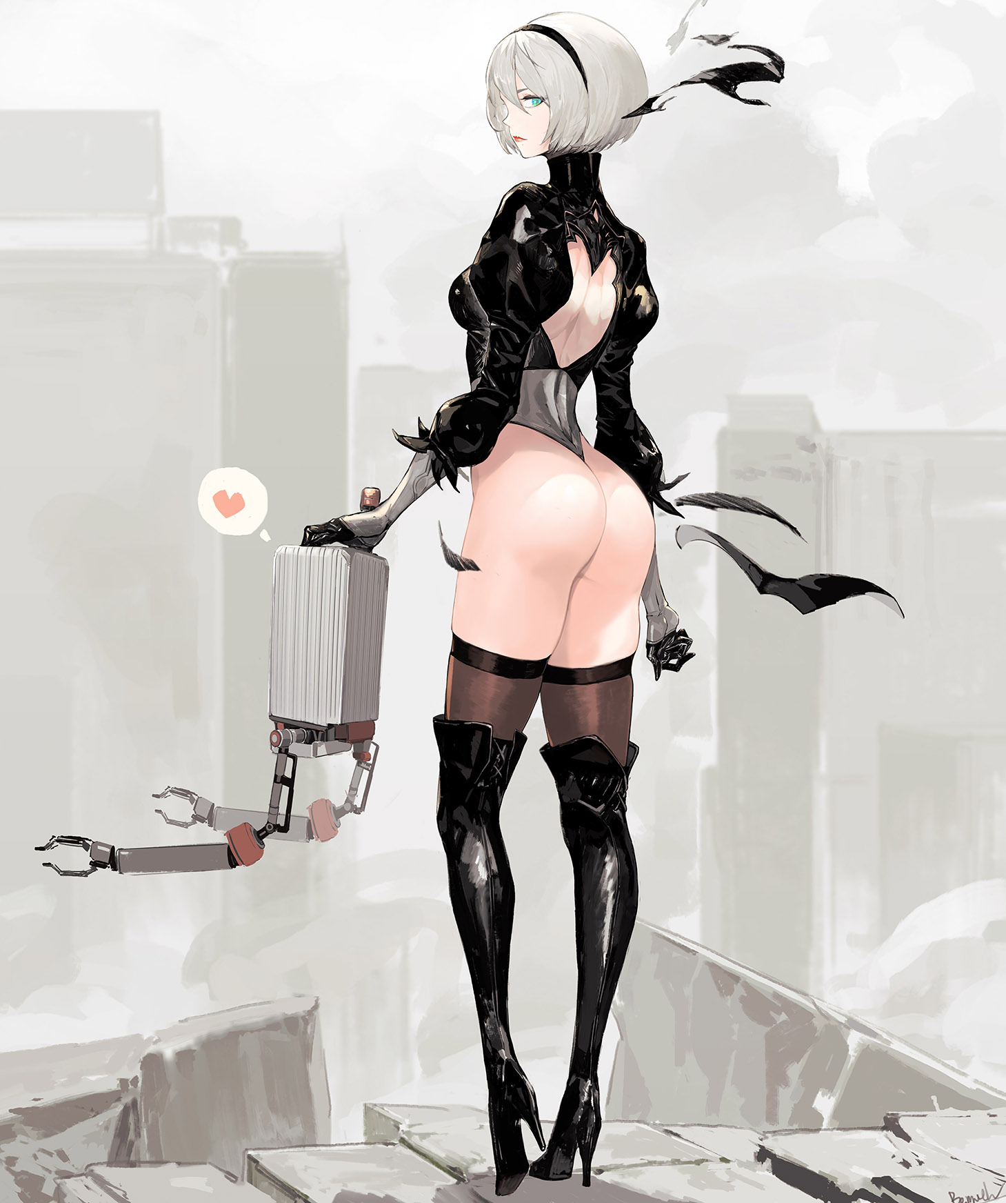 1girls, android, ass, blindfold removed, blue eyes, boots, female, female only, hairband, heart, high heel boots, leather boots, leotard, looking at viewer, nier: automata, outdoors, pod (nier), short hair, skirt removed, solo, thigh boots, thighhighs, thong, thong leotard, torn skirt, white fur, yorha 2b