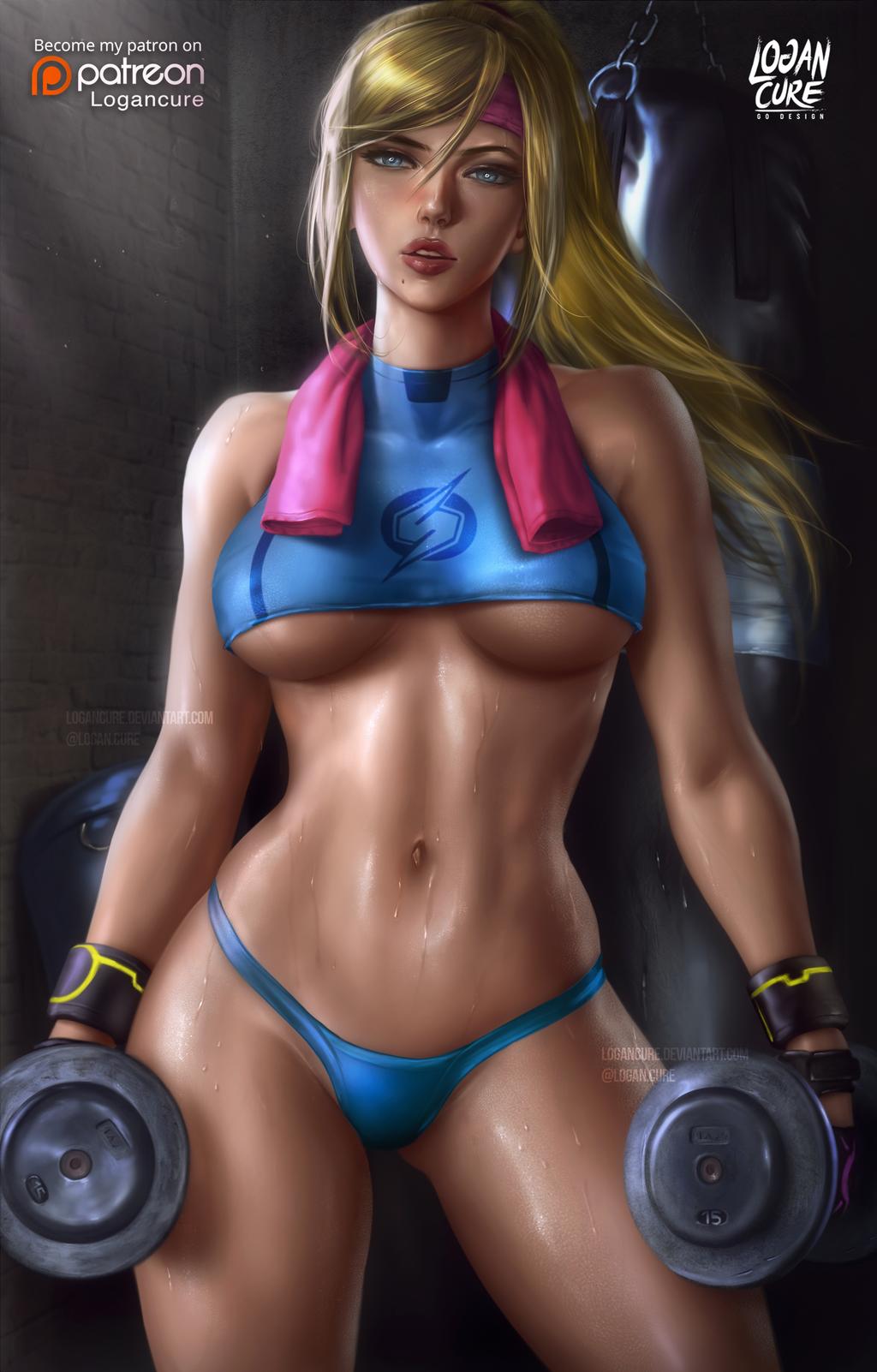 1girls, abs, big breasts, blonde, blonde hair, blue eyes, blush, breasts, cleavage, female, female only, large breasts, logan cure, metroid, muscles, muscular, muscular female, nintendo, panties, realistic, samus aran, small panties, solo, sweat, thong, toned, toned female, underboob, weights