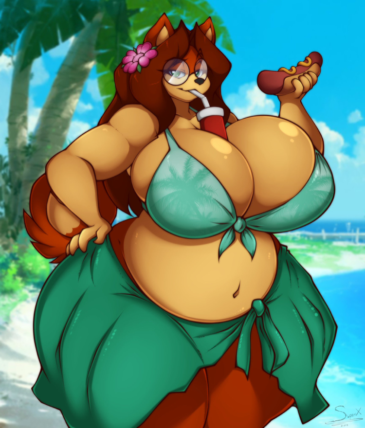 1girls, anthro, bedroom eyes, belly, big breasts, bikini, bikini top, breasts, brown hair, bubble tea challenge, chubby, chubby female, cleavage, clothed, clothing, drinking, eyewear, female, female only, flower, flower in hair, furry, glasses, half-closed eyes, hot dog, huge breasts, large breasts, long hair, looking at viewer, narrowed eyes, palm tree, seductive, slightly chubby, smile, solo, solo female, solo focus, superia (superix), superix