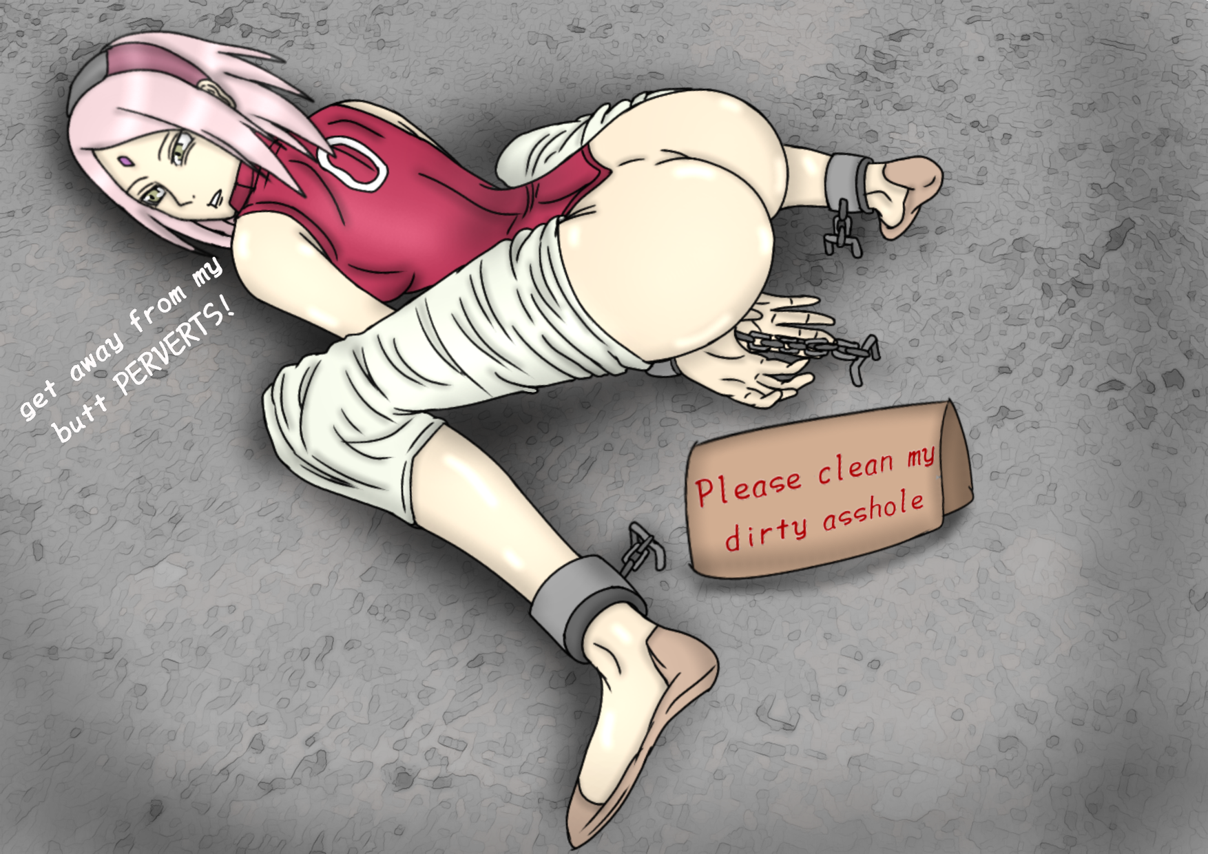 1girls, angry, ass, ass focus, ass up, bdsm gear, begging, big ass, big butt, bondage, boruto: naruto next generations, butt focus, chains, dirty, dirty talk, exhausted, face down ass up, female, forced, green eyes, headband, huge ass, huge butt, imminent rape, leapfrog position, lock, looking at viewer, looking back, naruto, naruto (series), pants down, pink hair, rape, rape face, sakura haruno, scolding, sign, smelly ass, solo, submissive, submissive female, sweat, sweaty, top-down bottom-up