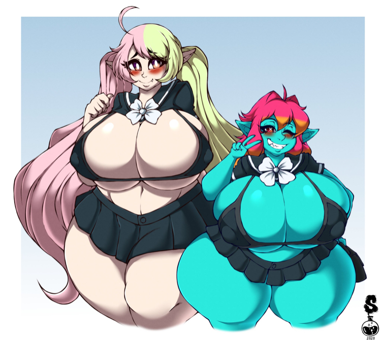 2girls, adelia (changbae), big breasts, blush, breasts, cleavage, cute fang, duo, female, female only, goblin, goblin female, huge breasts, large breasts, looking at viewer, mochi (jojoniumart), one eye closed, pleated skirt, pointy ears, school uniform, simple background, size difference, skimpy, skirt, smile, superix, symbol-shaped pupils, thick thighs, thighs, v, wink