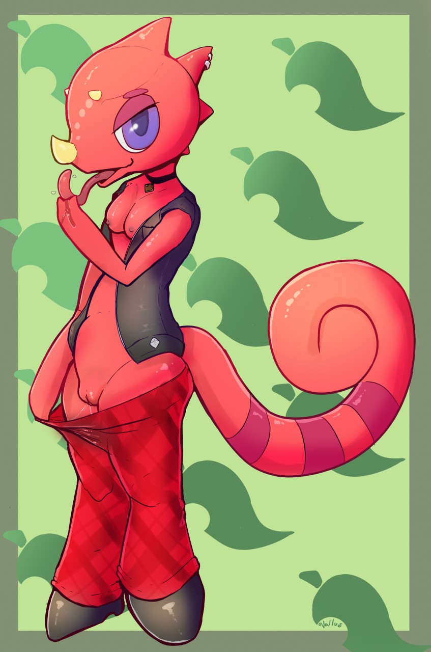 2020 absurd_res animal_crossing anthro bodily_fluids bottomwear breasts clothed clothing cunnilingus_gesture digital_media_(artwork) female flick_(animal_crossing) footwear genderswap genital_fluids genitals gesture hi_res looking_at_viewer nintendo nipples open_mouth pants piercing pussy red_body red_skin reptile rule_63 scalie shoes simple_background solo suggestive suggestive_gesture tongue tongue_out topwear vallus video_games