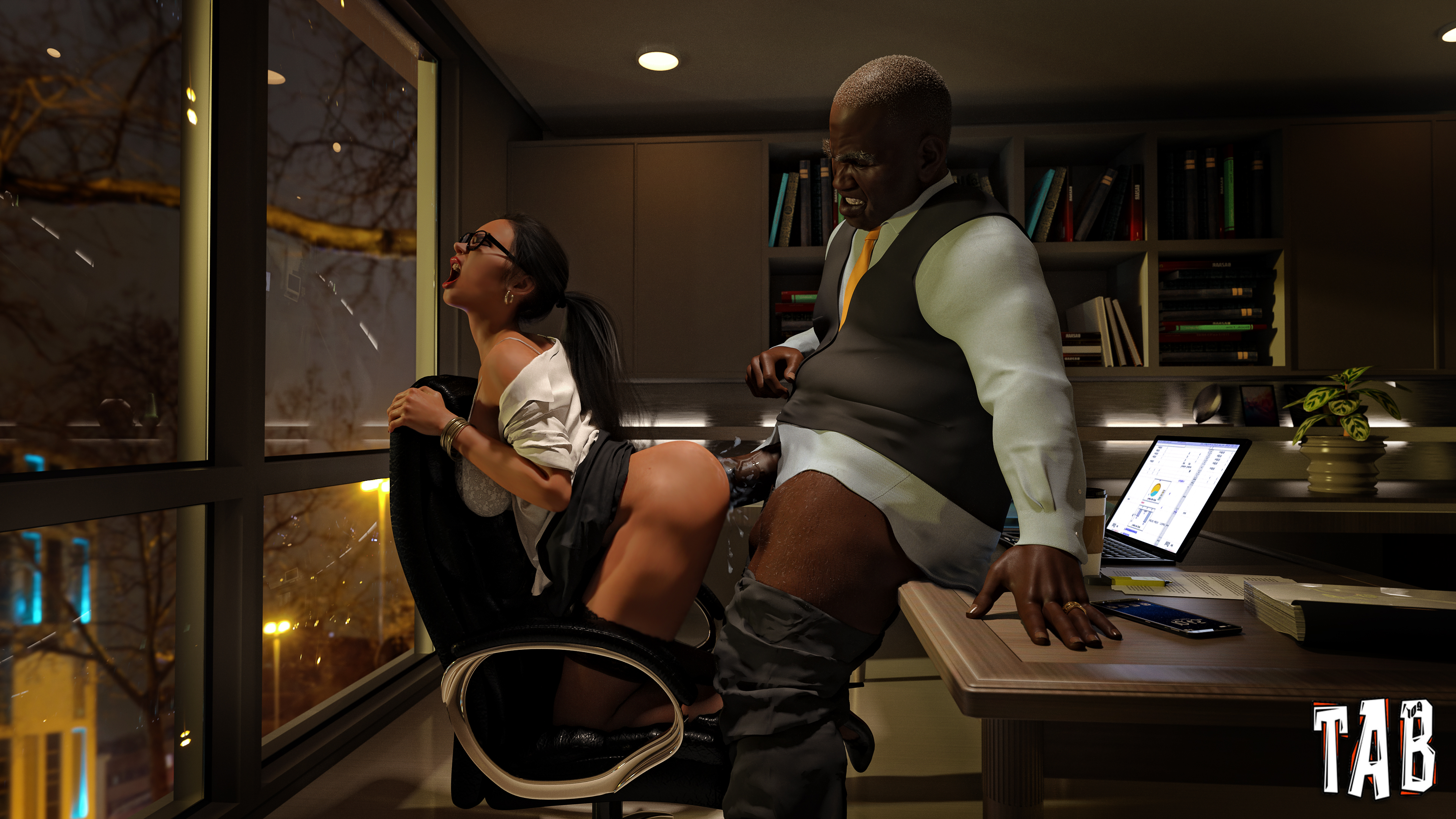 1boy, 1girls, 3d, dark skin, dark-skinned male, fat male, female, female domination, female penetrated, interracial, male, male penetrating, office, older male, straight, tab109