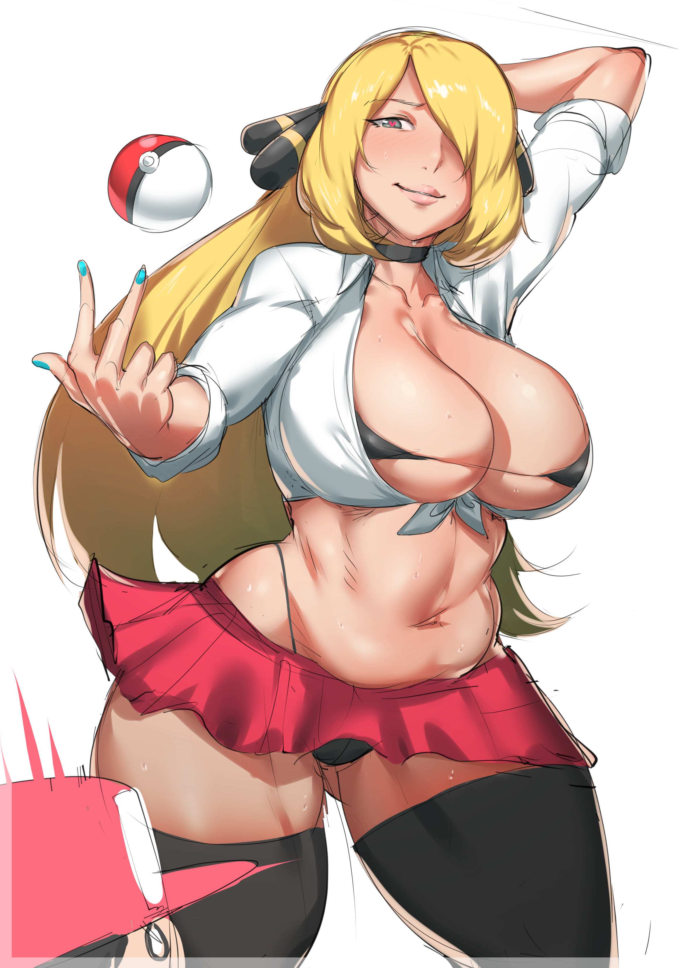 1boy, 1girls, abs, age difference, alternate breast size, arm up, belly, blonde hair, blue nails, breasts, bursting breasts, choker, chubby, clothed, clothes, cynthia (pokemon), empty eyes, eye contact, female, grey eyes, hair ornament, hair over one eye, half-closed eyes, heart, heart-shaped pupils, huge breasts, human, larger female, long hair, looking at viewer, male, miniskirt, motion lines, nail polish, natedecock, navel, nintendo, panties, poke ball, pokemon, pokemon dppt, pokemon rgby, pose, satoshi (pokemon), size difference, sketch, skirt, smaller male, source request, standing, straight, thick thighs, thigh gap, thighhighs, trembling, wide hips