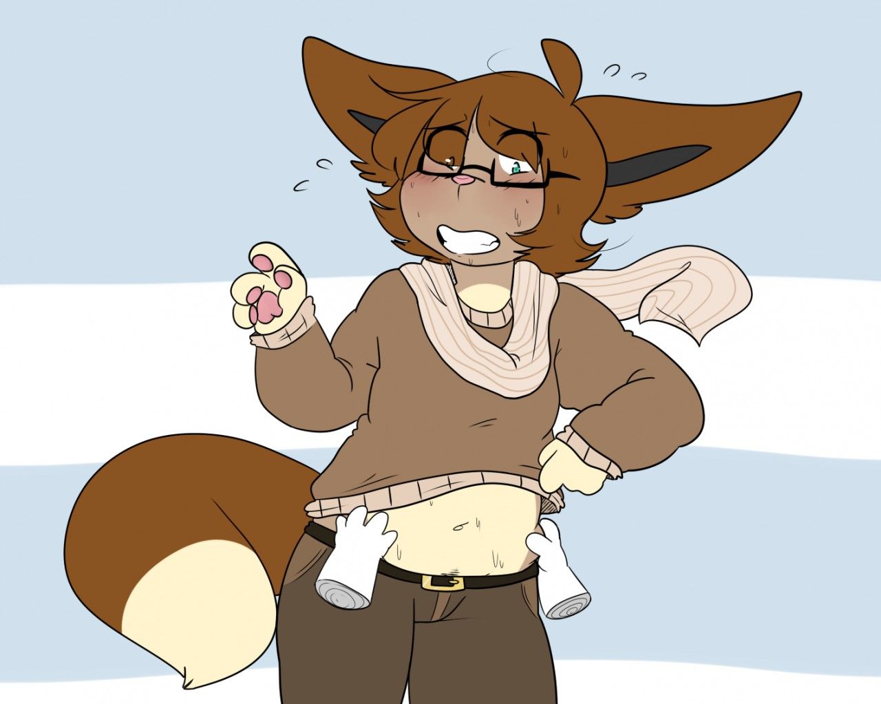 1boy anthro belly belly_button blush brown_fur brown_hair chubby clothed disembodied_hands ears_up eyebrows_visible_through_hair furry glasses green_eyes long_sleeve male male_only marbelle nervous original_character pants pawpads pink_nose scarf shirt_lift short_hair simple_background smooth_fur softcore solo_focus striped_background sweating sweatshirt teeth_clenched todd_(marbelle) tummy_grab two_tone_fur