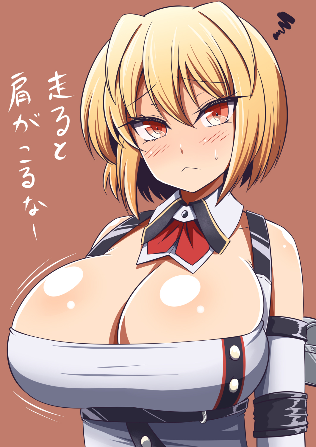 blonde_hair blush bouncing_breasts claire_victorious cleavage dress embarrassed god_eater huge_breasts japanese_text red_eyes short_hair