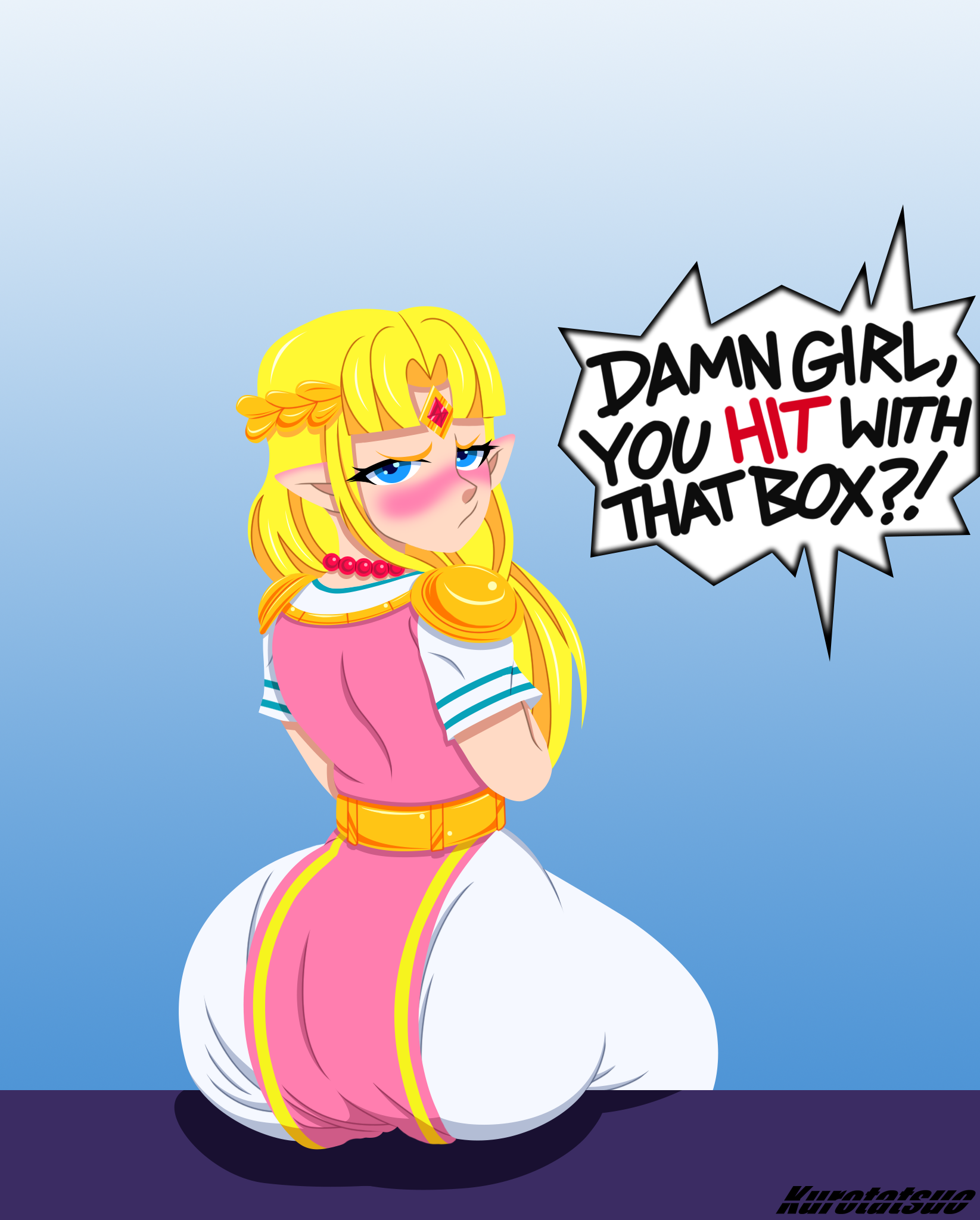 1girls, 2020, a link to the past, angry, annoyed, ass, ass in dress, big ass, blonde, blonde hair, blue eyes, blush, cute, female, hylian, kurotatsuo, looking back, nintendo, pointy ears, princess zelda, speech bubble, super smash bros., super smash bros. ultimate, tagme, the legend of zelda, zelda (a link between worlds), zelda (a link to the past)