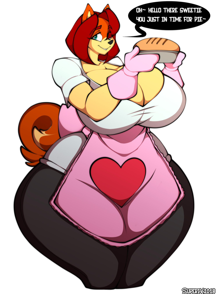 1girls, anthro, apron, big breasts, breasts, cleavage, clothed, clothing, curled tail, english text, female, female only, furry, green eyes, heart, looking at viewer, mama maria, milf, pie, short hair, smile, solo, superix, text, thick thighs, white background, wide hips