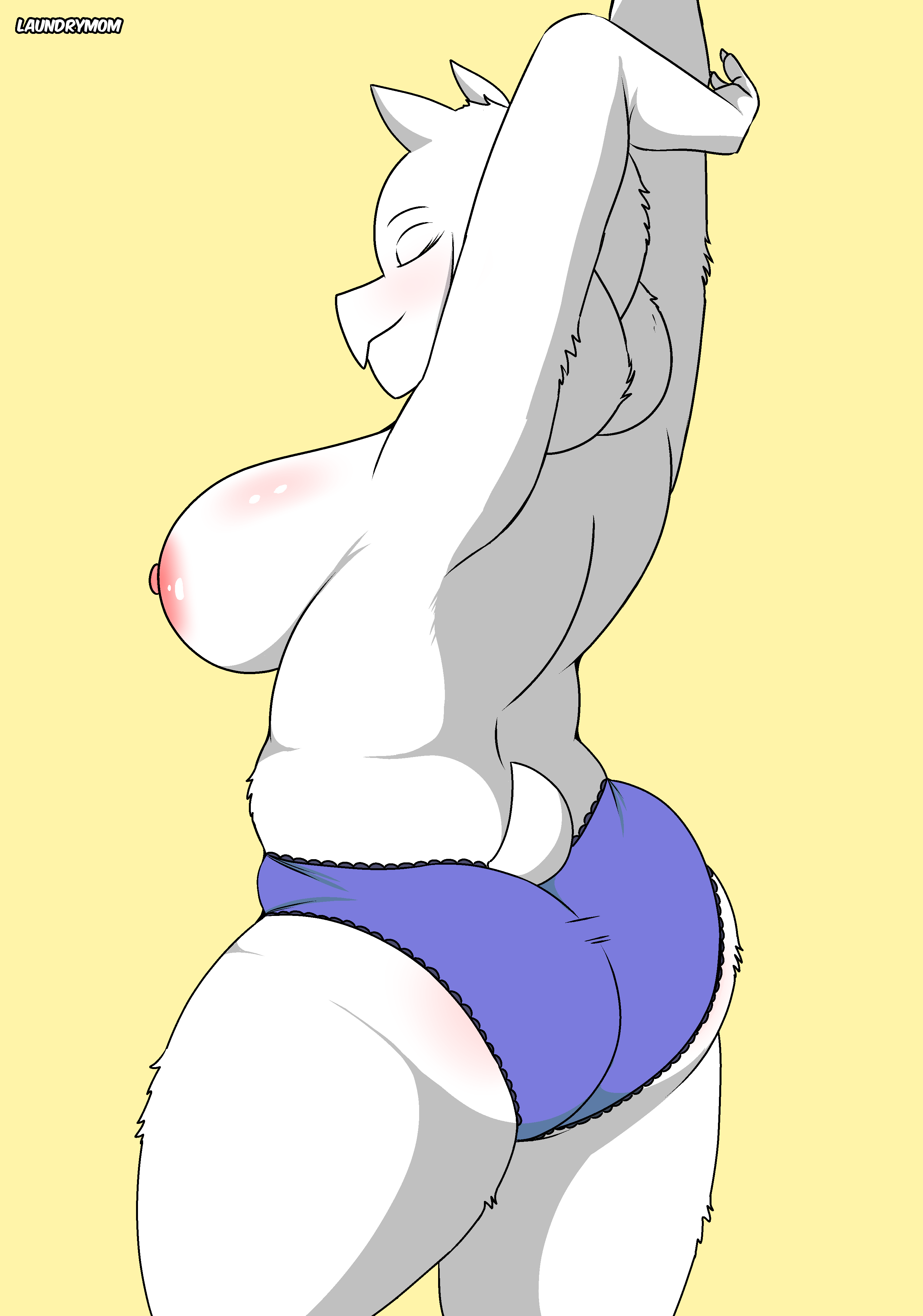 1girls, 2d, anthro, anthro female, anthro only, areolae, artist name, big breasts, breasts, caprine, closed eyes, closed eyes smile, clothing, female, female only, furry, furry female, furry only, goat, large breasts, laundrymom, mammal, mature, mature female, milf, nipples, panties, solo, stretching, topless, toriel, undertale, undertale (series), video games, watermark, white fur