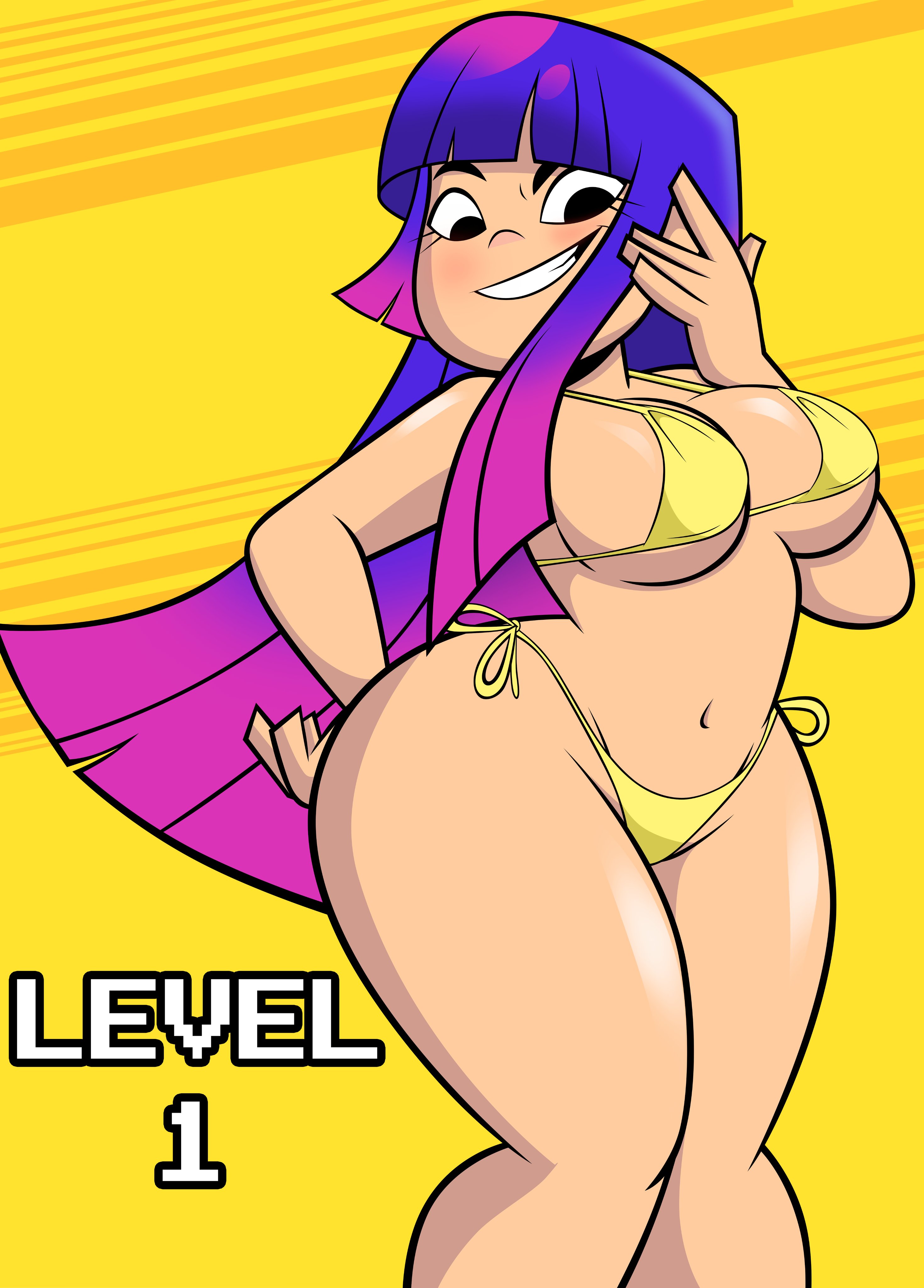 1girls, about to burst, aged up, ass too big, bare shoulders, barely contained, barely contained ass, barely contained breasts, barely fits, big breasts, bikini, bikini bottom, bikini top, black eyes, blue hair, blush, breasts, breasts too big, busty, curvy, detailed background, english text, eyelashes, female, female only, front view, g-string, glitch techs, grimphantom, hourglass figure, human, imminent wardrobe malfunction, inconvenient ass, inconvenient boobs, inconvenient breasts, inconvenient butt, long hair, looking down, midriff, miko kubota, multicolored hair, pose, posing, purple hair, shiny, shiny skin, side-tie bikini, sidelocks, skimpy, smiling, smooth skin, solo, standing, string bikini, swimsuit, text, thick thighs, thong, tight bikini, tight clothes, tight clothing, tight fit, tight fitting clothing, tight swimsuit, tight swimwear, too tight, underboob, undersized clothes, undersized clothing, voluptuous, wide hips