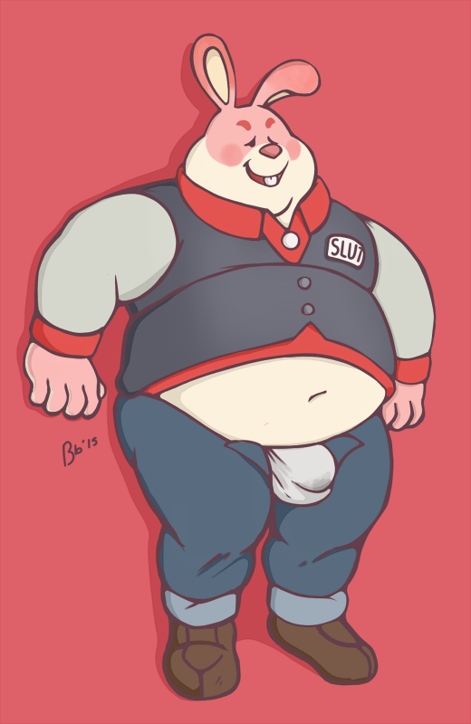 2015 anthro arcade_bunny belly bennybeah blush bottomwear bulge clothing humanoid_hands lagomorph leporid male male_only mammal navel overweight overweight_male pants pink_body rabbit simple_background solo underwear