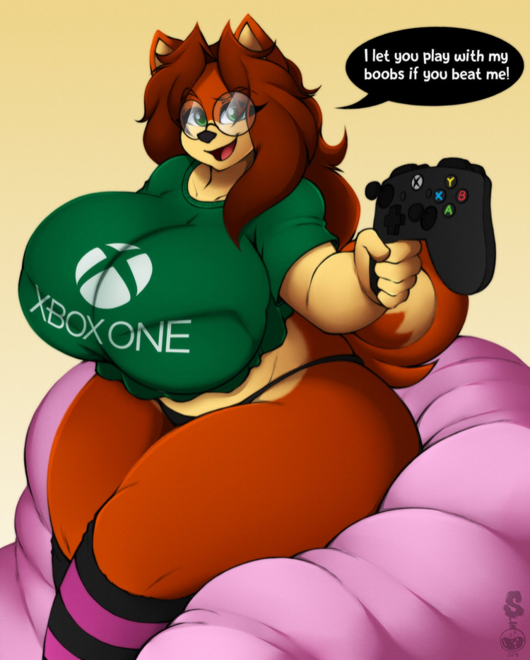 1girls, anthro, bean bag, big breasts, breasts, curled tail, english text, eyewear, female, female only, furry, game controller, gamer, gamer girl, glasses, huge breasts, large breasts, looking at viewer, open mouth, panties, reaching out, sitting, smile, socks, solo, stockings, superia (superix), superix, text, xbox, xbox controller