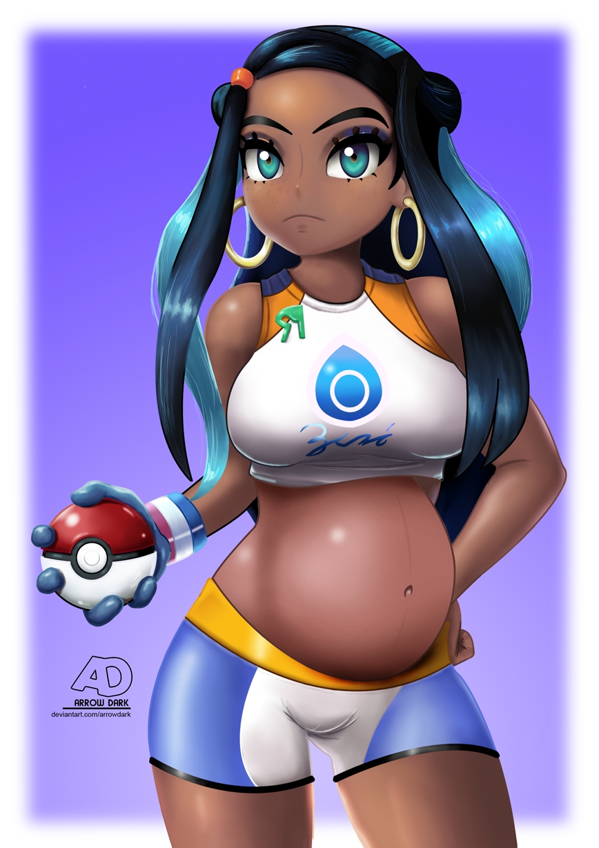 arrowdark big_belly big_breasts looking_at_viewer nessa_(pokemon) pokeball pokemon pokemon_ss pregnant ready_to_pop