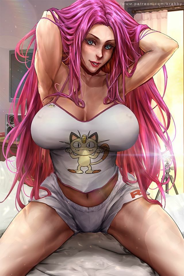 1girls, alternate breast size, alternate hairstyle, alternate outfit, armpits, belly, breasts, cleavage, eye contact, female, female only, hair down, huge breasts, human only, jessie (pokemon), krabby (artist), large breasts, looking at viewer, midriff, navel, nintendo, nipples, patreon, pokemon, pokemon rgby, solo, spread legs, team rocket, text, url, watermark
