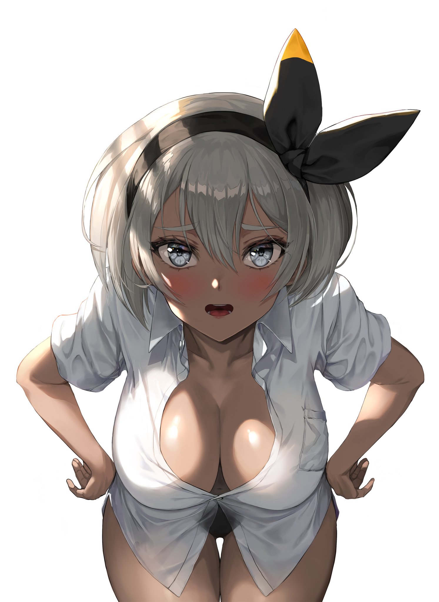 1girls, bea (pokemon), bent over, big breasts, blush, breasts, breasts visible through clothing, busty, child bearing hips, curvaceous, curvy, dark skin, dark-skinned female, downblouse, exhibitionism, extended downblouse, eye contact, female, female only, greem bang, grey eyes, grey hair, hands on hips, hanging breasts, human, human only, inviting, large breasts, leaning forward, looking at viewer, naked shirt, navel, nintendo, no bra, no panties, pokemon, pokemon ss, seductive, see-through, solo, solo female, suggestive, thick thighs, thigh gap, voluptuous, wet, white background, wide hips