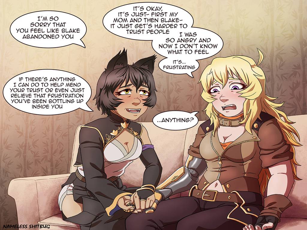 ahoge, artist signature, black hair, blonde hair, cat ears, cleavage, female, fingerless gloves, fully clothed, gloves, holding hand, imminent sex, kali belladonna, kemonomimi, lesbian focus, looking at partner, looking down, nameless shitbug, nekomimi, prosthetic, prosthetic arm, purple eyes, robotic arm, rwby, signature, yang xiao long, yellow eyes