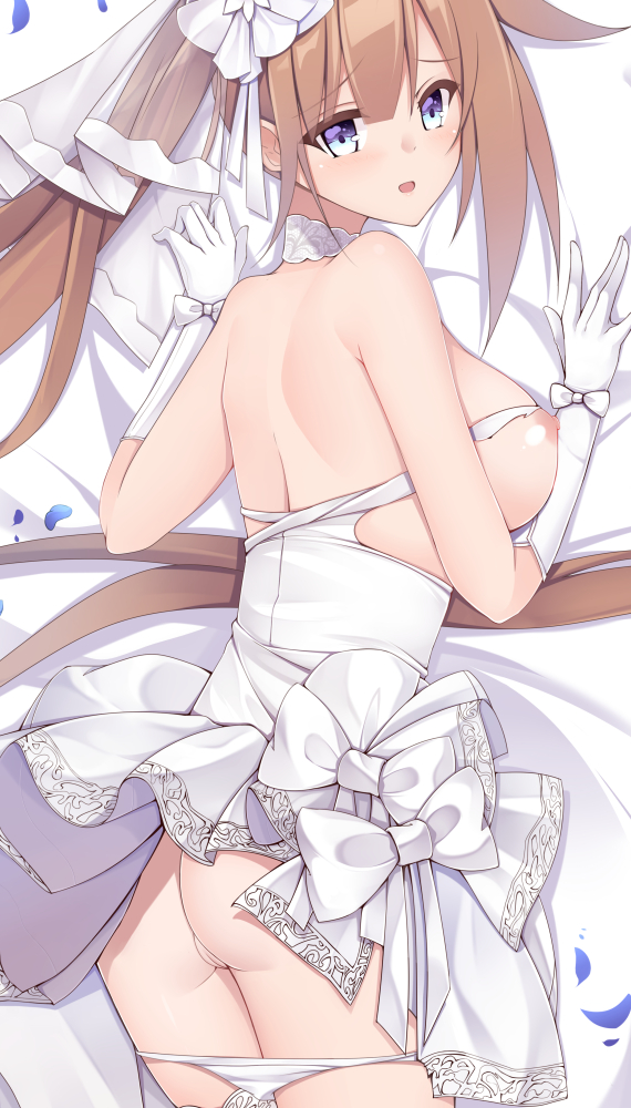 areolae blue_eyes breasts brown_hair daki-makura dakimakura fal_(girls'_frontline) girls'_frontline gloves looking_at_viewer nipples pussy uncensored wedding_dress wedding_veil