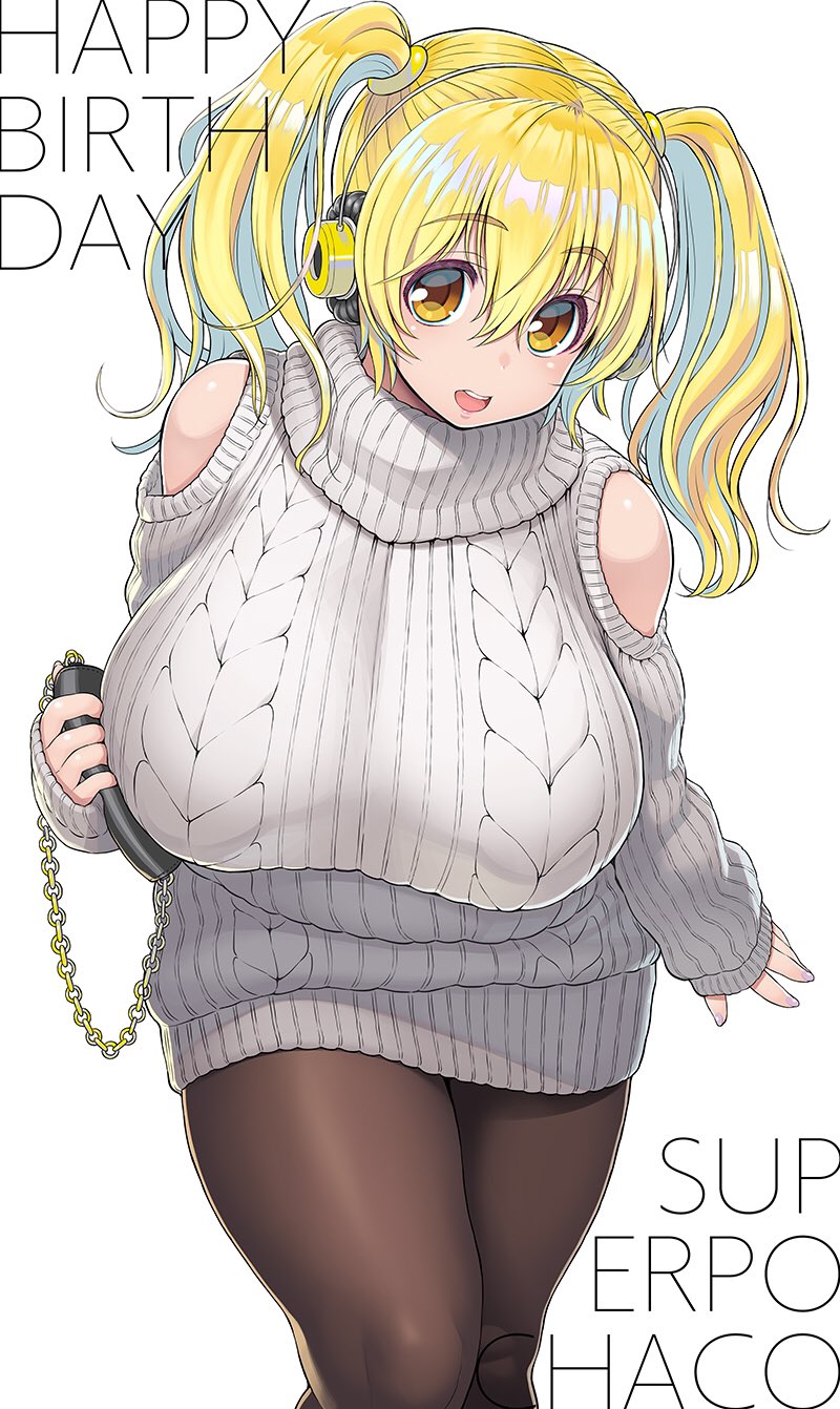 1girls blonde_hair chubby headphones huge_breasts leaning_forward looking_at_viewer official_art pantyhose purse super_pochaco sweater tsuji_santa twintails