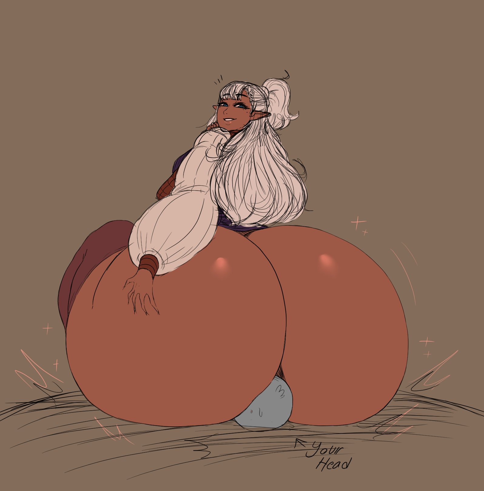 1girls, anon, ass, dark skin, dark-skinned female, elf, enna (franktonius), facesitting, female, franktonius, huge ass, hyper ass, thick thighs, thighhighs, wide hips