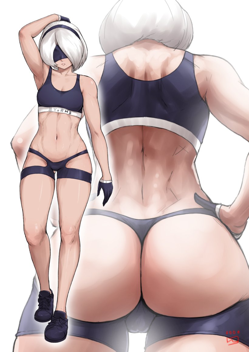 1girls abs alternate_outfit armpits ass black_panties blindfold breasts finalcake muscular muscular_female nier nier:_automata panties short_hair small_panties solo sports_bra t-back_spats text thick_thighs thigh_gap white_hair wide_hips yorha_2b