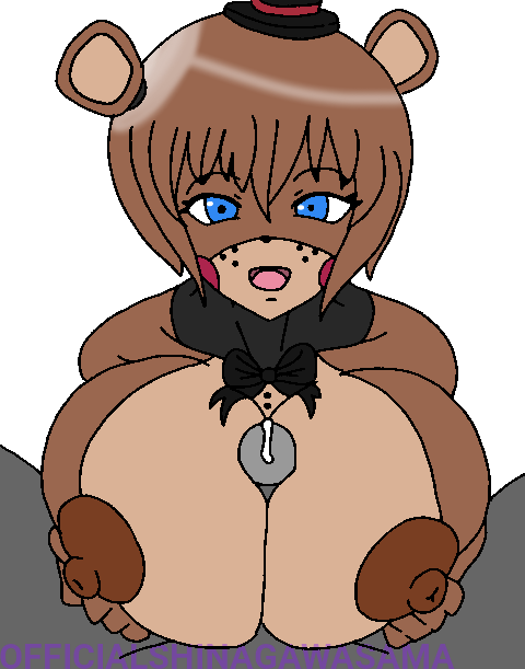 animatronic anon anthro areolae bear big_breasts blue_eyes breasts brown_fur brown_hair brown_nipples cum female five_nights_at_freddy's five_nights_in_anime freddy_(fnaf) grey_skin humanoid looking_at_viewer male nipples open_mouth paizuri penis pov pov_eye_contact robot robot_girl shinagawasama smile straight