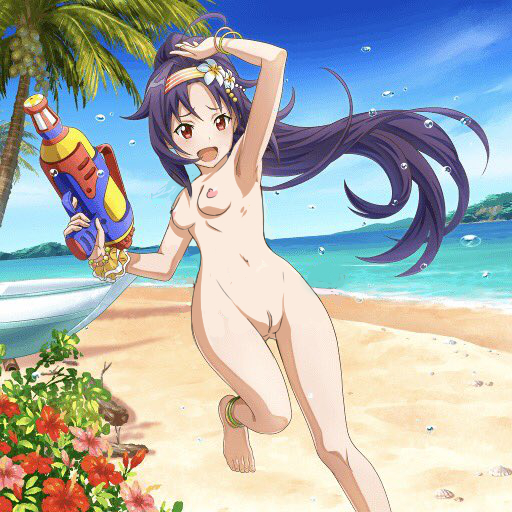 beach breasts female_only holding_object konno_yuuki long_hair nipples nude ocean open_mouth ponytail purple_hair pussy red_eyes squirt_gun sword_art_online toy uncensored water water_gun