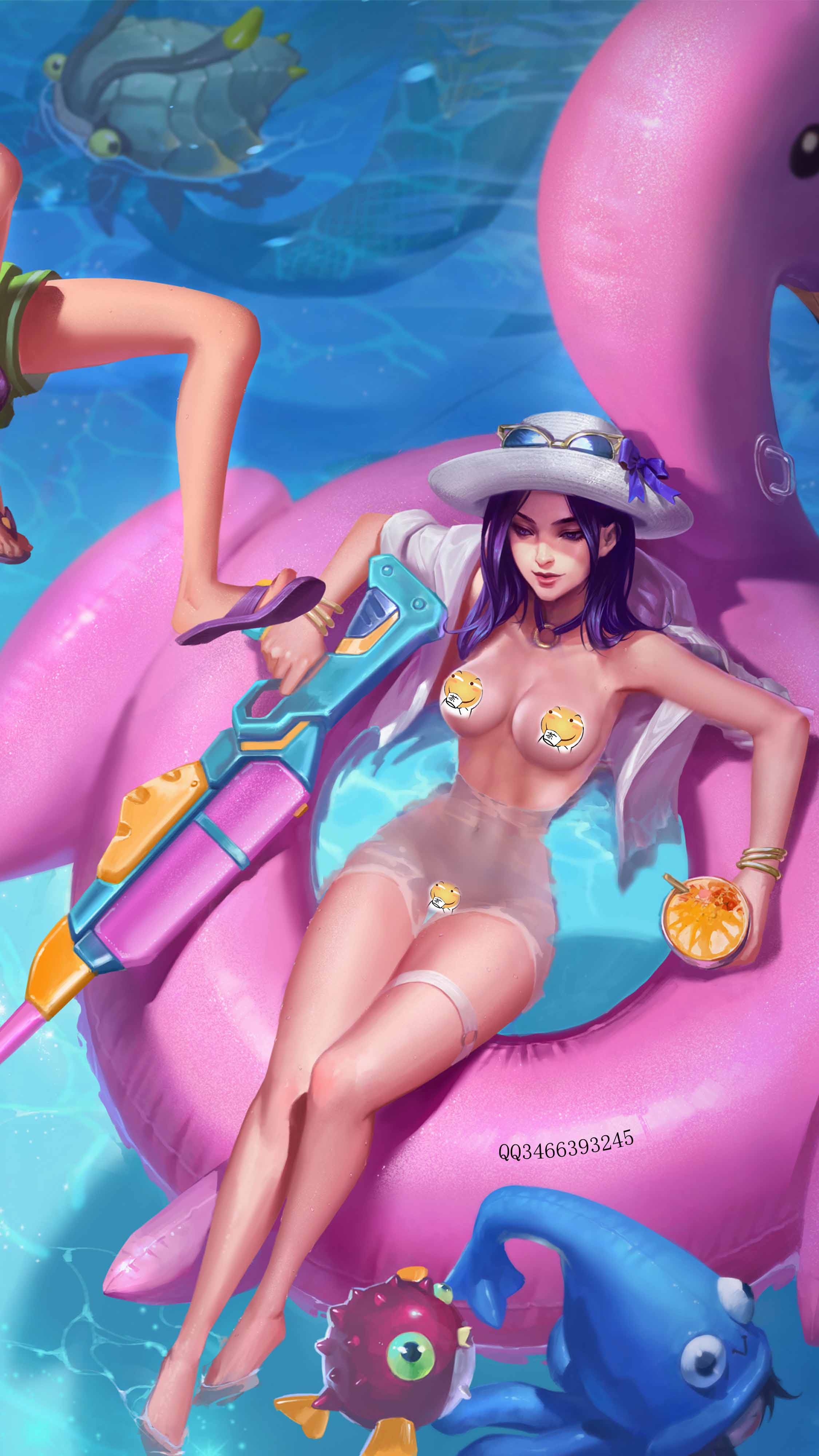 1girls breasts caitlyn_kiramman censored functionally_nude_female garter hat league_of_legends legs_together necklace partially_submerged pool_party_caitlyn pool_party_series pool_party_zoe pool_toy purple_hair richtofen rift_scuttler shirt_removed squirt_gun sunglasses sunglasses_on_hat swimming_pool thigh_strap topless viewed_from_above water_gun zoe_(league_of_legends)