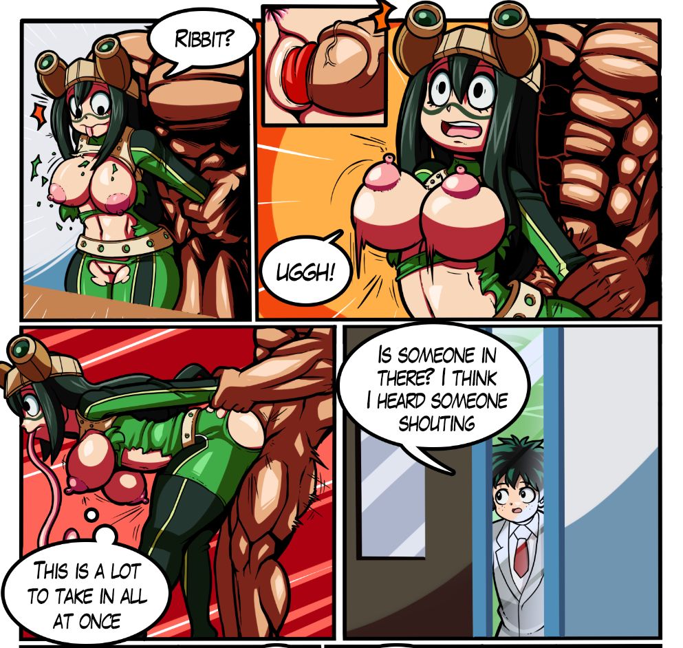 1girls 2boys all_might big_breasts big_penis bodysuit boots dialogue dreamcastzx1 frog_girl hero_outfit_(mha) izuku_midoriya long_tongue muscular my_hero_academia open_clothes ripped_clothing skin_tight straight superbunnygt teacher toshinori_yagi tsuyu_asui vaginal_insertion vaginal_penetration vaginal_sex