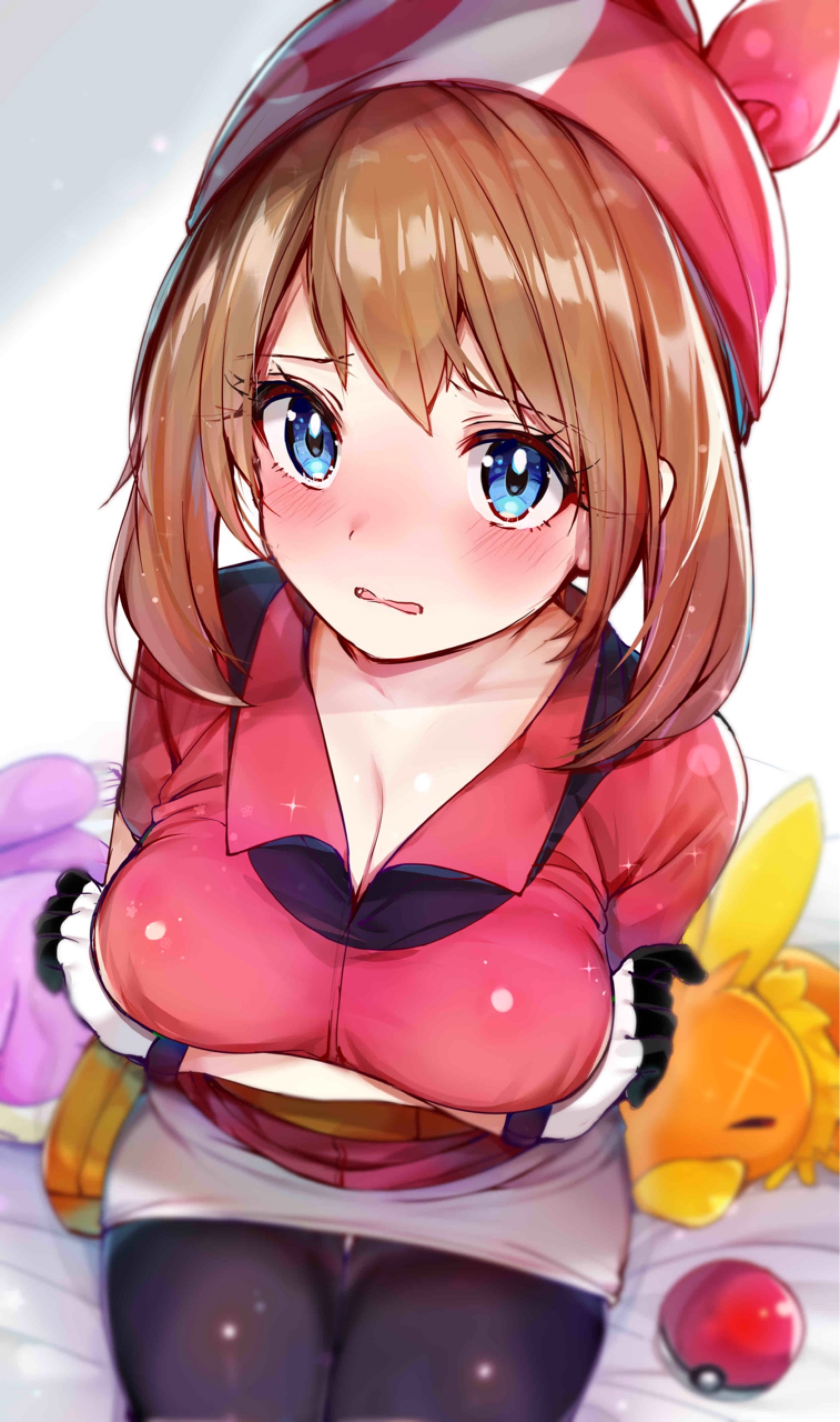 1girls, absurd res, aged up, ambiguous gender, arms under breasts, avian, bag, bandana, bangs, bed, belt, big breasts, bike shorts, black legwear, black shorts, blue eyes, blush, breast hold, breasts, brown hair, cleavage, clothing, collarbone, conscious, crossed arms, eye contact, eyebrows visible through hair, female, footwear, from above, gloves, grey skirt, handwear, highres, human, human only, large breasts, larger female, looking at viewer, may (pokemon), nintendo, open mouth, pantyhose, pokémon (species), poke ball, pokemon, pokemon (species), pokemon rse, red shirt, rouka (akatyann), shirt, short hair, short sleeves, shorts, sidelocks, sitting, size difference, sketch, skirt, sleeping, tagme, thighs, tongue, torchic, white gloves, wide hips, wing collar