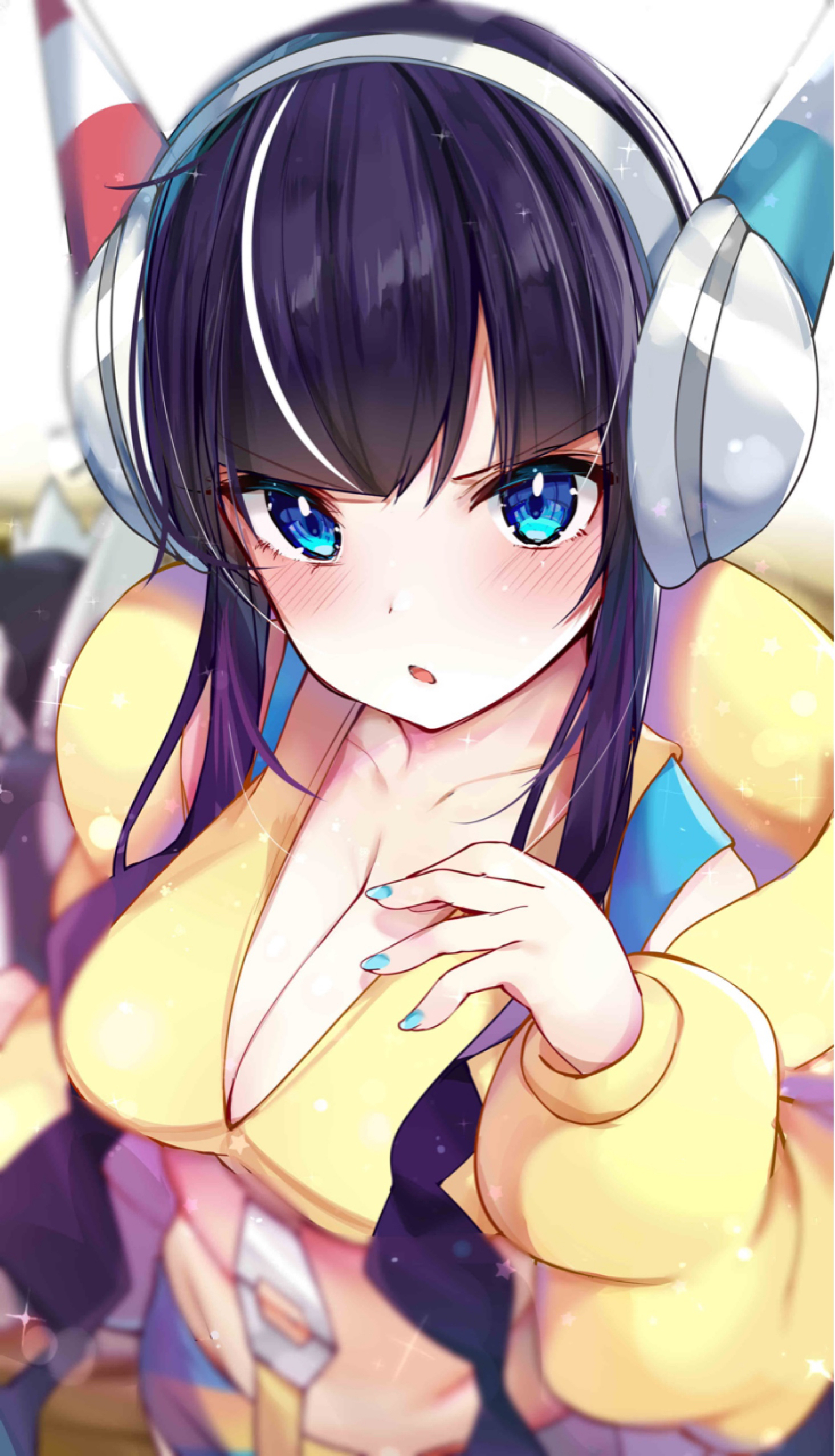 1girls, absurdres, alternate breast size, belly, black hair, blue eyes, blue nails, blush, breasts, cleavage, coat, elesa (pokemon bw2), elesa (pokemon), eye contact, eyebrows visible through hair, female, female only, gym leader, headphones, highres, human only, large breasts, long hair, long sleeves, looking at viewer, midriff, nail polish, navel, nintendo, open mouth, pokémon (species), pokemon, pokemon (species), pokemon bw, pokemon bw2, rouka (akatyann), solo, tagme, tongue, twintails, white background