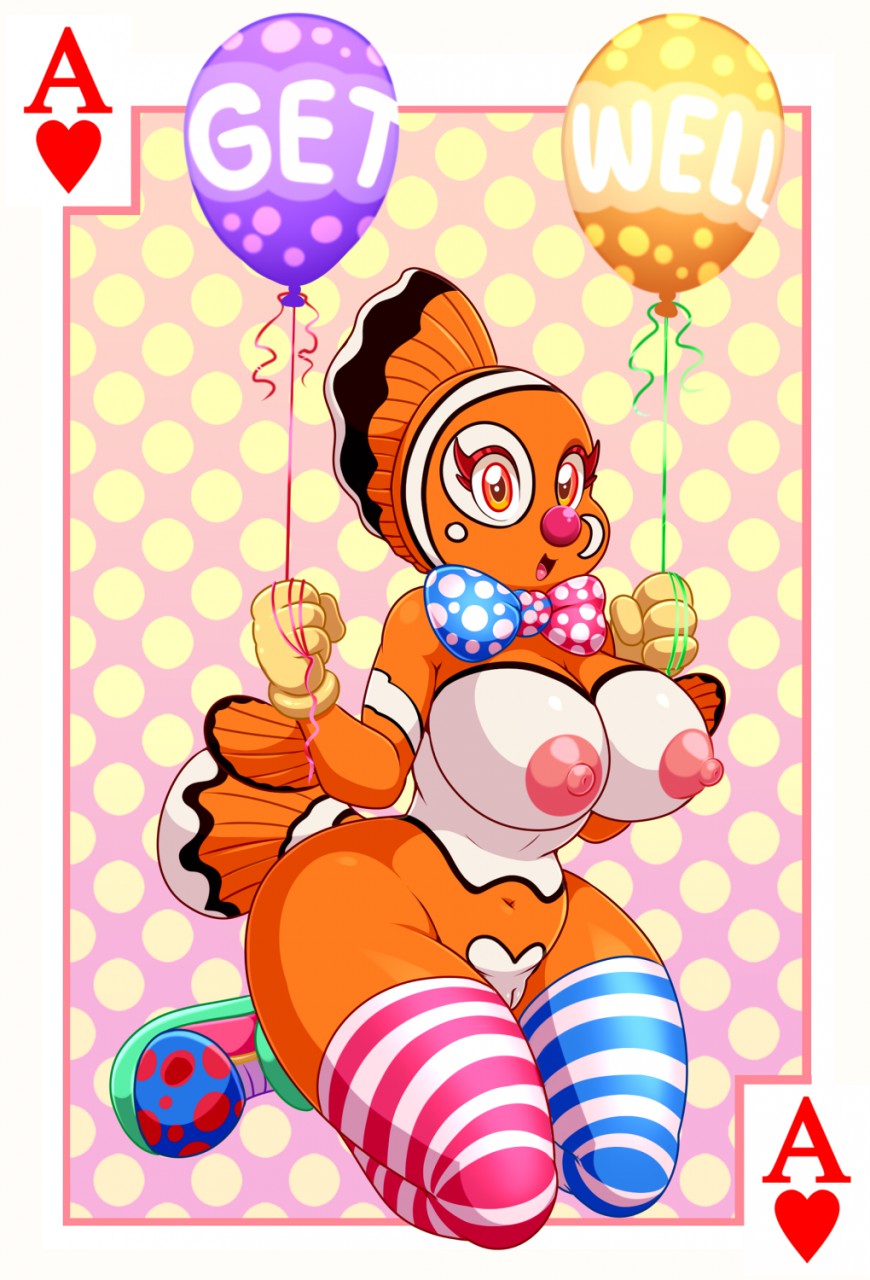 1girls 2020 anthro areola balloon bow_tie breasts clothing clown clownfish female fish genitals hi_res legwear lonbluewolf looking_at_viewer makeup marine nipples open_mouth pomacentrid pussy solo stockings tongue