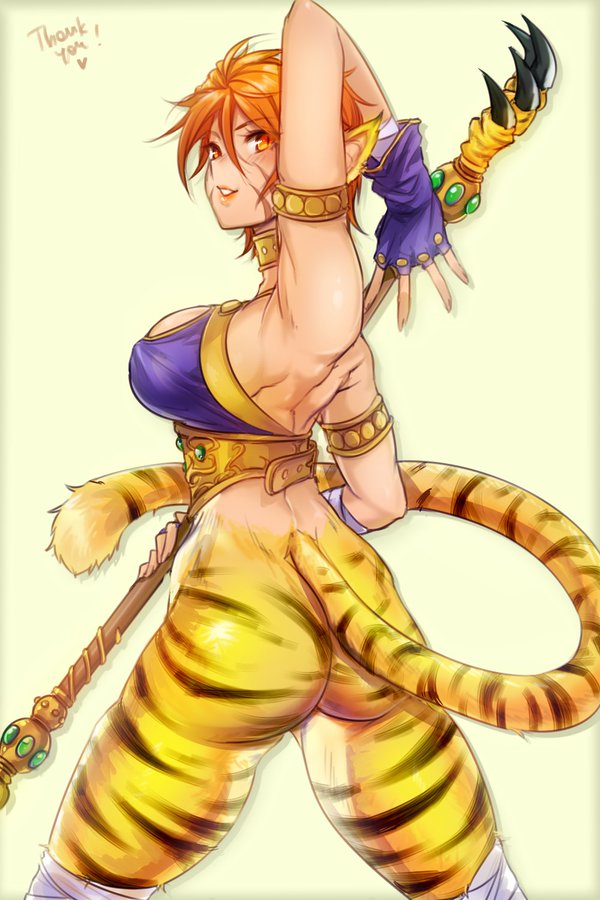 ass breath_of_fire breath_of_fire_ii capcom cat_ears cat_tail clothing dat_ass katt katt_(breath_of_fire) kemonomimi looking_at_viewer looking_back orange_eyes pose red_hair short_hair smile staff tiger tiger_girl tiger_stripes tusia weapon