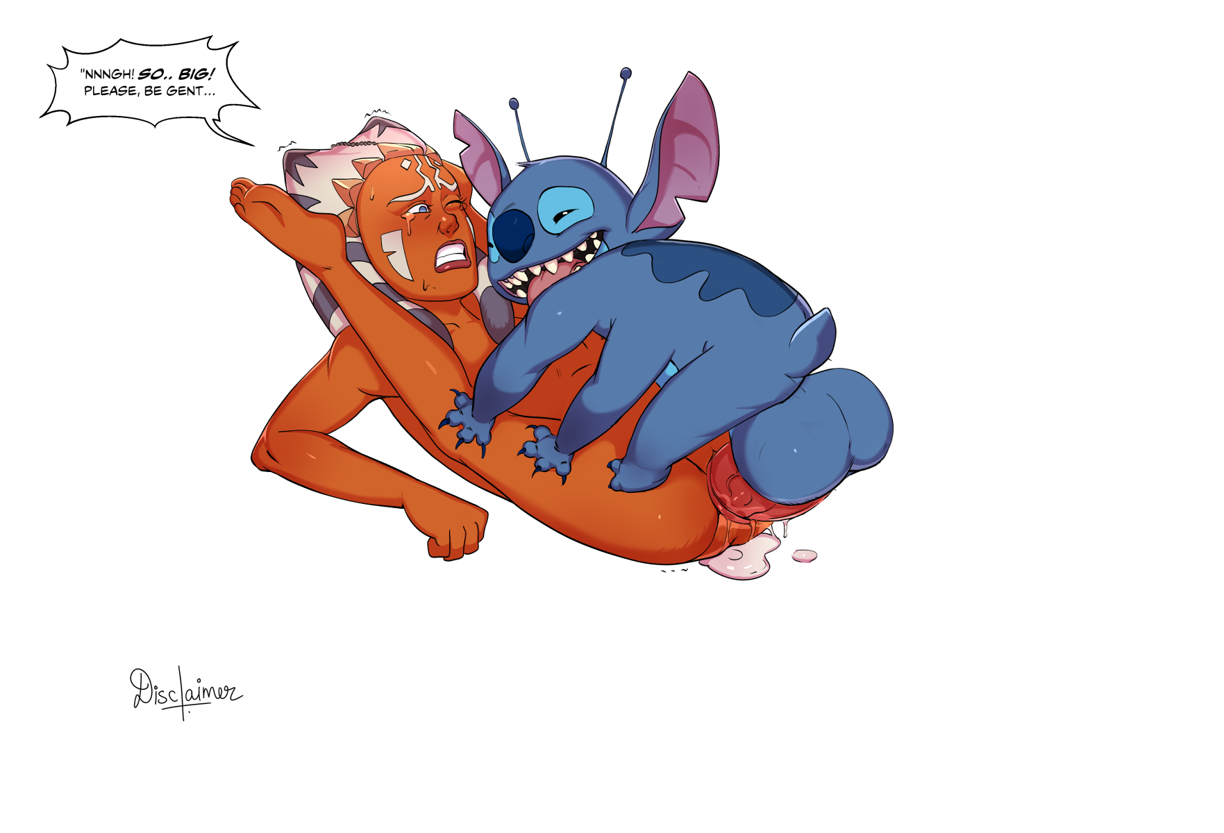 1boy, 1girls, ahsoka tano, alien, alien girl, anthro, anthro on anthro, anthro on female, anthro penetrating, balls, barefoot, big balls, big penis, blue eyes, blush, clenched teeth, clone wars, crossover, crying, cum, cum inside, dialogue, disclaimer, disney, english text, female, forced, interspecies, lilo and stitch, male, mating press, missionary position, on top, open mouth, penis, pussy, rape, rough sex, simple background, star wars, stitch, tears, text, the clone wars: season one, togruta, tongue, vaginal penetration, veiny penis, watermark, white background