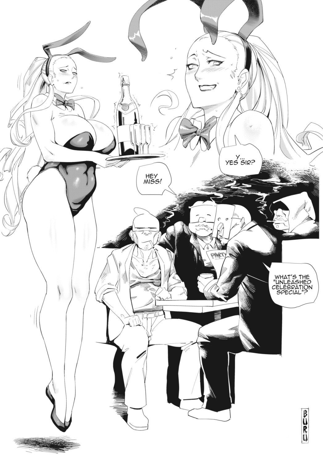 1girls, blush, breasts, bunnysuit, burustandin, cigarette, cleavage, embarrassed, english text, female, floating, greyscale, huge breasts, large breasts, league of legends, levitation, long hair, monochrome, nervous smile, smoke, syndra, voluptuous, wide hips