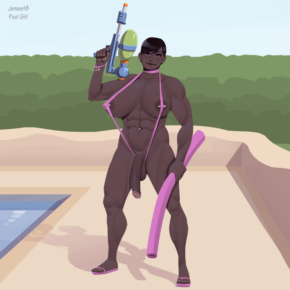 1futa 2020 abs choker dark-skinned_futanari futanari jamesab muscular muscular_futanari navel_piercing nipple_piercing pool pool_noodle short_hair sling_bikini solo_futa squirt_gun