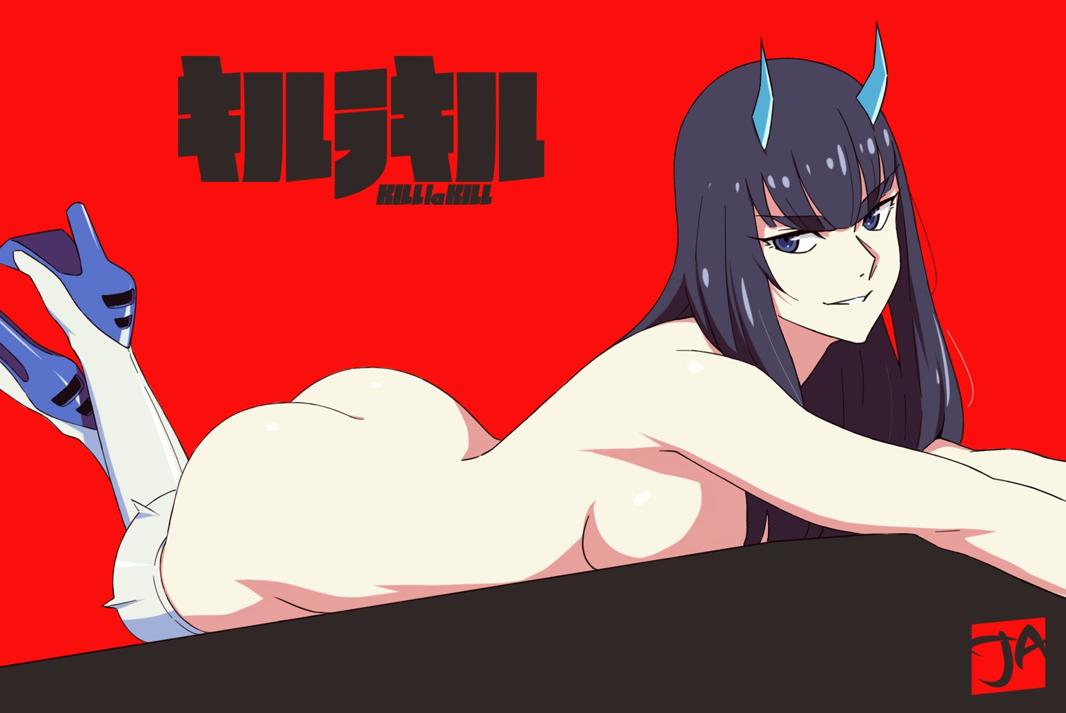 1girls, ass, ass crack, black hair, boots, breasts, butt crack, female, high heel boots, high heels, horns, j adsen, kill la kill, kiryuuin satsuki, long hair, lying, naked footwear, nude, on stomach, solo, the pose, thigh boots, thighhighs, white footwear, white heels
