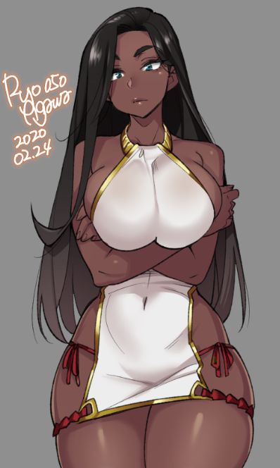 1girls, 2020, big breasts, breasts, cleavage, dark skin, dark-skinned female, dated, eye contact, female, female only, hair over one eye, half-closed eyes, large breasts, looking at viewer, ryo agawa, solo, text, thick thighs, watermark, wide hips
