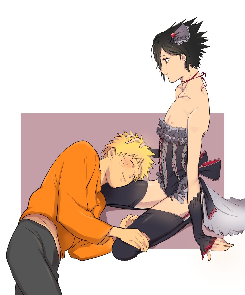 2boys, bare arms, bare shoulders, black eyes, black hair, black lingerie, blonde hair, blush, boruto: naruto next generations, closed eyes, clothing, corset, femboy, femboy dilf, femboy on male, feminization, fingerless gloves, fully clothed, gay, gloves, hair accessory, hand on head, kneeling, legwear, lingerie, male, naruto, naruto (series), naruto shippuden, nipples, on knees, pecs, revealing clothes, sasuke uchiha, short hair, sleeping, sleeves, small nipples, thighhighs, urarozi09, uzumaki naruto, yaoi, yellow hair