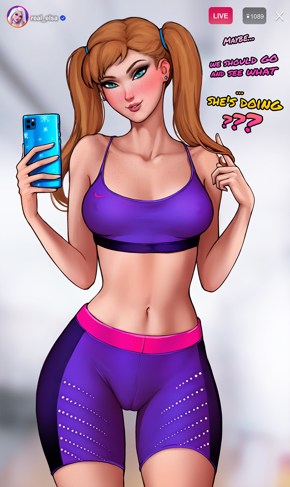 1girls, 2020, anna (frozen), aroma sensei, big breasts, booty shorts, breasts, cameltoe, cleavage, disney, female, female only, freckles, frozen (film), instagram, large breasts, pussy, selfie, sports bra, tight clothing, white skin