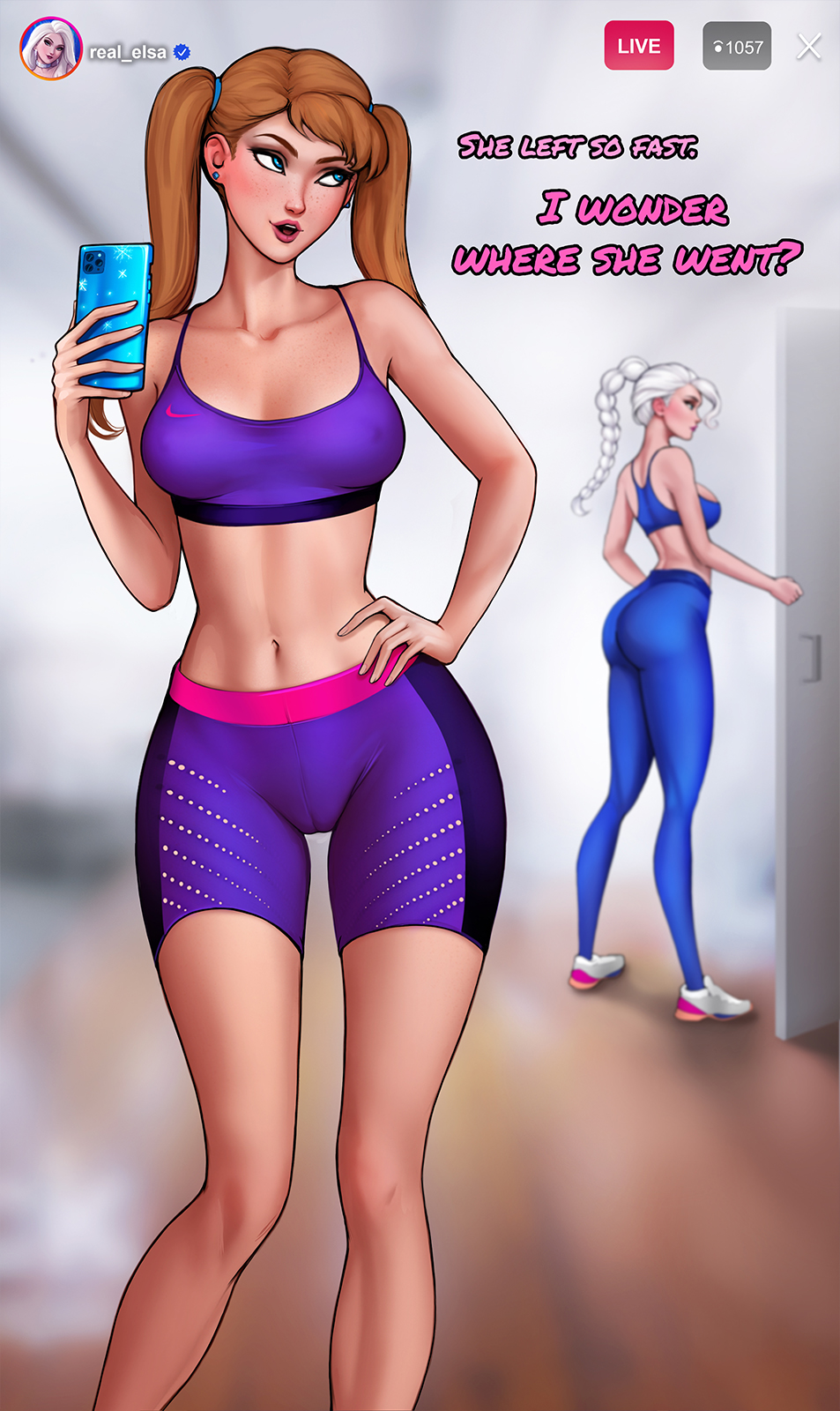 2020, 2girls, alternate breast size, anna (frozen), aroma sensei, ass, big breasts, booty shorts, breasts, bubble ass, bubble butt, cameltoe, character name, cleavage, disney, elsa (frozen), female, female only, frozen (film), hourglass figure, instagram, large breasts, medium breasts, pussy, signature, sisters, solo focus, sports bra, text, tight clothing, white skin, yoga pants