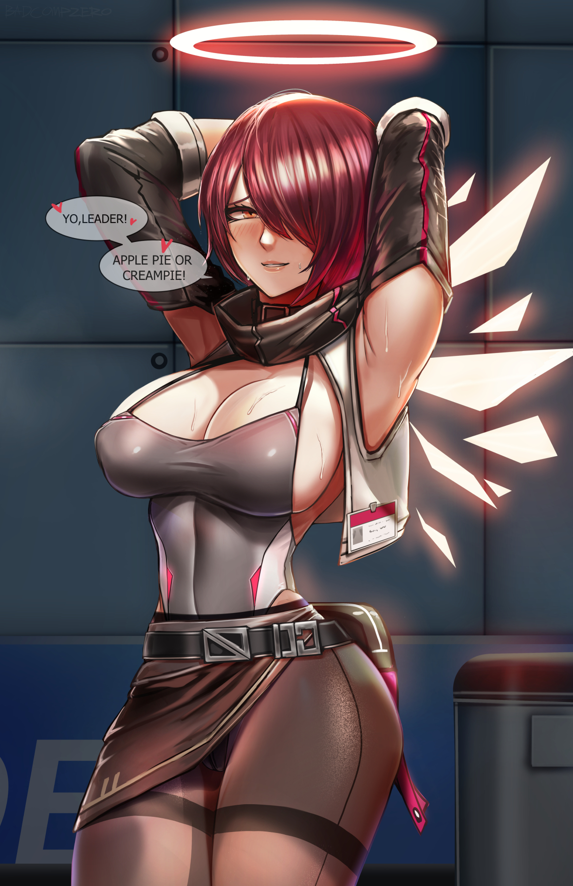 1girls, arknights, badcompzero, breasts, cameltoe, cleavage, exusiai (arknights), female, female only, huge breasts, looking at viewer, pussy, solo, speech bubble, text, thick thighs, wide hips