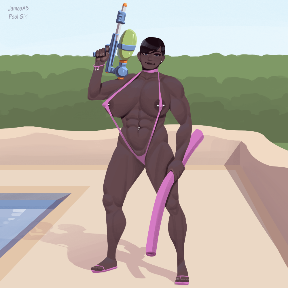 2020 abs choker dark-skinned_female feet flip_flops jamesab muscular muscular_female navel_piercing nipple_piercing pool pool_noodle sandals short_hair sling_bikini squirt_gun