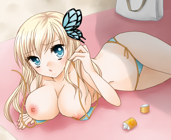 bag bikini blonde_hair blue_bikini blue_eyes boku_wa_tomodachi_ga_sukunai butterfly_hair_ornament female hair_ornament long_hair looking_at_viewer lying nipples nude on_stomach sand sena_kashiwazaki side-tie_bikini solo srx61800 suntan_lotion swimsuit