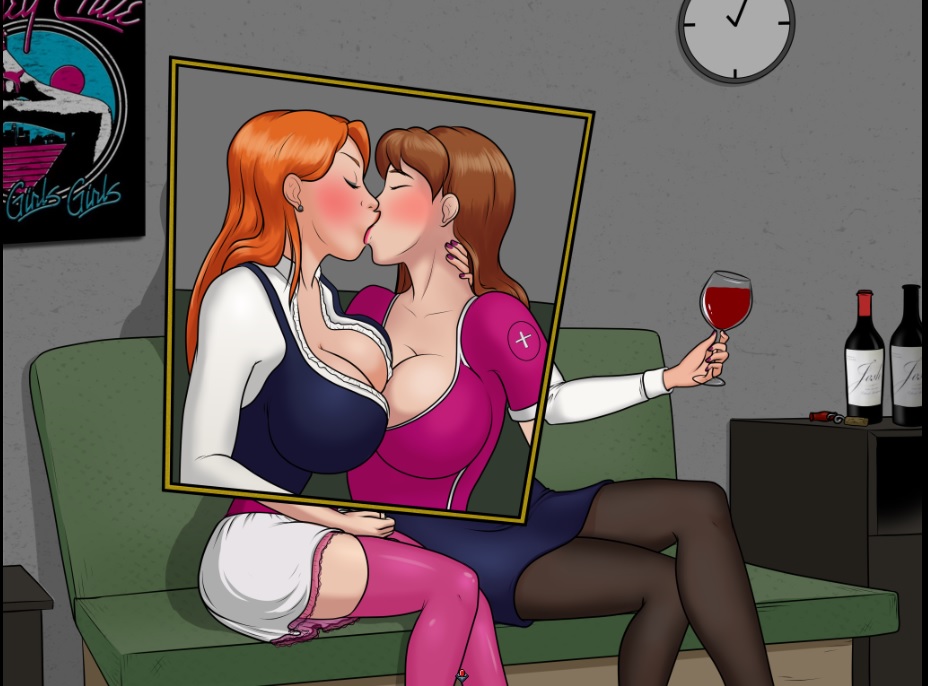 big_breasts breast_press brunette cleavage full_cleavage futa_quest futabox hannah_(futa_quest) kissing miniskirt pencil_skirt redhead roxy_(futa_quest) stockings