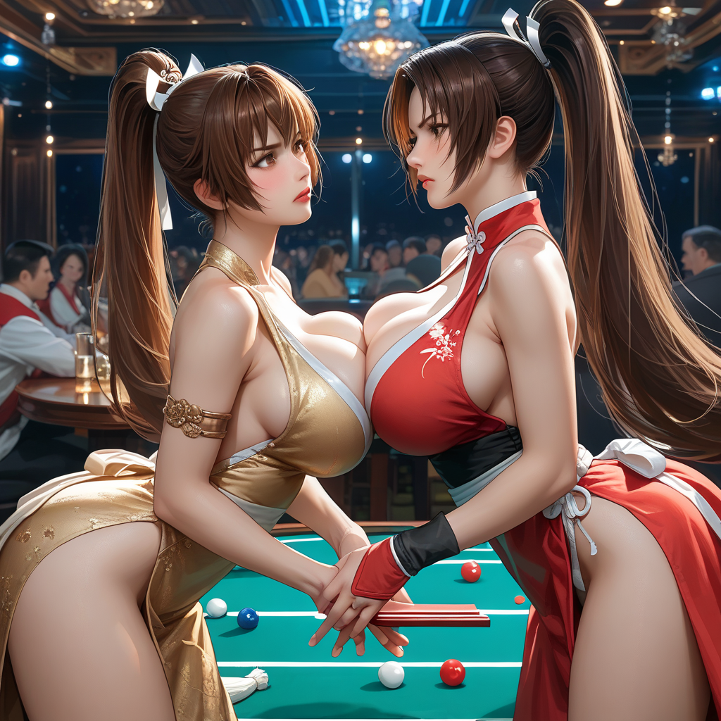 2girls ai_generated catfight dead_or_alive fatal_fury kasumi_(doa) king_of_fighters mai_shiranui staredown wrestling_ring yuri