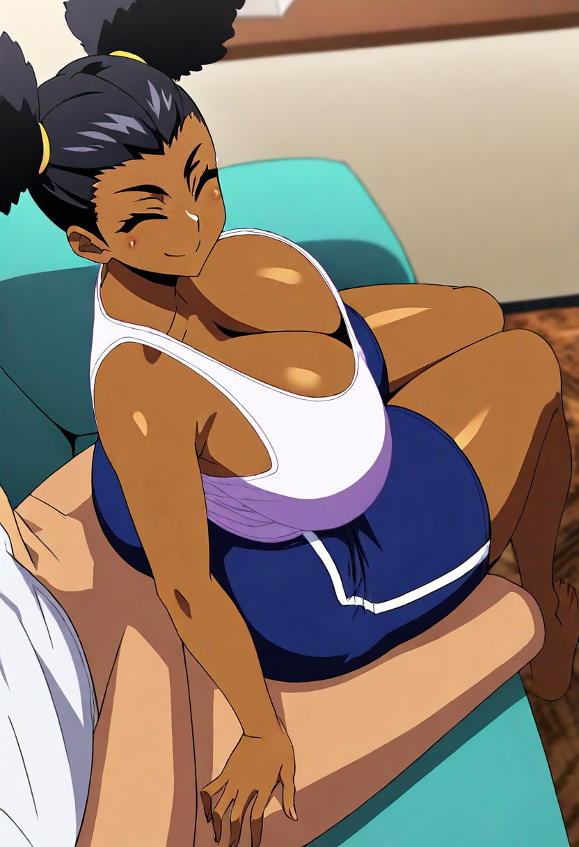 african_female afro_puffs ai_generated basketball_shorts black_hair civitai cleavage closed_eyes dark-skinned_female female fully_clothed gym_shorts happy happy_eyes huge_breasts jyubei_(style) legs_together living_room looking_at_viewer looking_back original_character pov shorter_female shortstack sitting sitting_on_lap sitting_on_person smile solo tank_top thick_thighs wide_hips