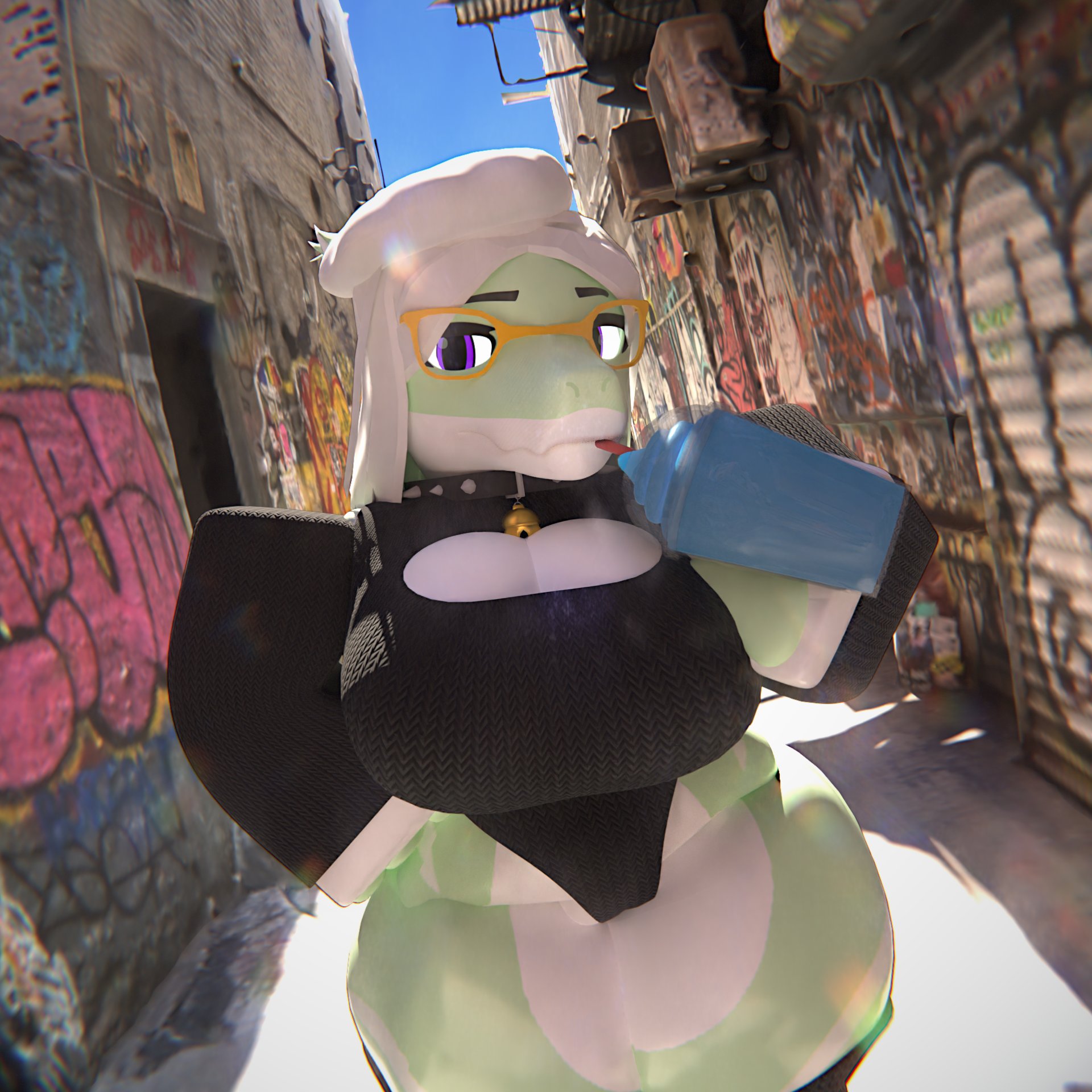 1girls, 3d, 3d model, 3d render, bell collar, beret, beverage, bodysuit, boob window, breasts, collar, drink, female, female focus, female only, furry, furry only, glasses, green skin, hand on hip, hat, large breasts, long sleeves, nearlyepoint, purple eyes, roblox, robloxian, shark, shark girl, sweater, thick thighs, thighs, white markings