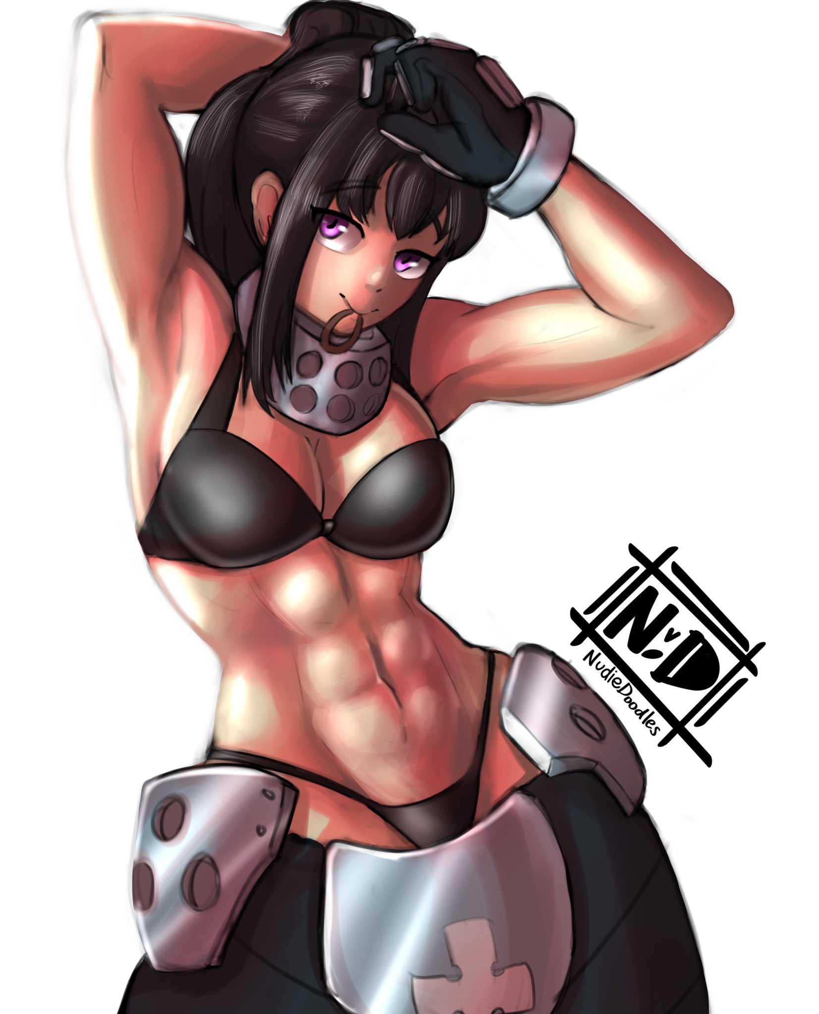 abs, armpits, arms up, athletic, biceps, big breasts, black hair, bra, breasts, busty, cleavage, enen no shouboutai, eyelashes, female, female focus, female only, fire force, fit, fit female, g-string, gloves, long hair, muscles, muscular, muscular female, nudiedoodles, oze maki, pants, pants pull, pinup, pose, posing, purple eyes, standing, tagme, thong, tied hair, toned, toned female, undressing, white background, wide hips